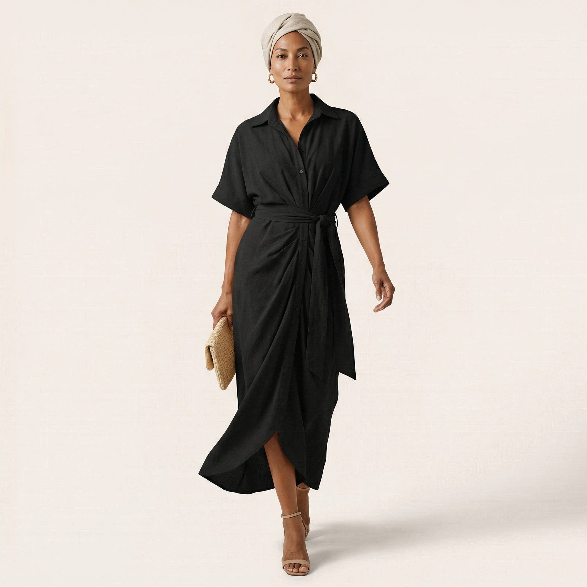 Noir Flow Belted Midi Shirt Dress BlackSM-031-BLACK-S