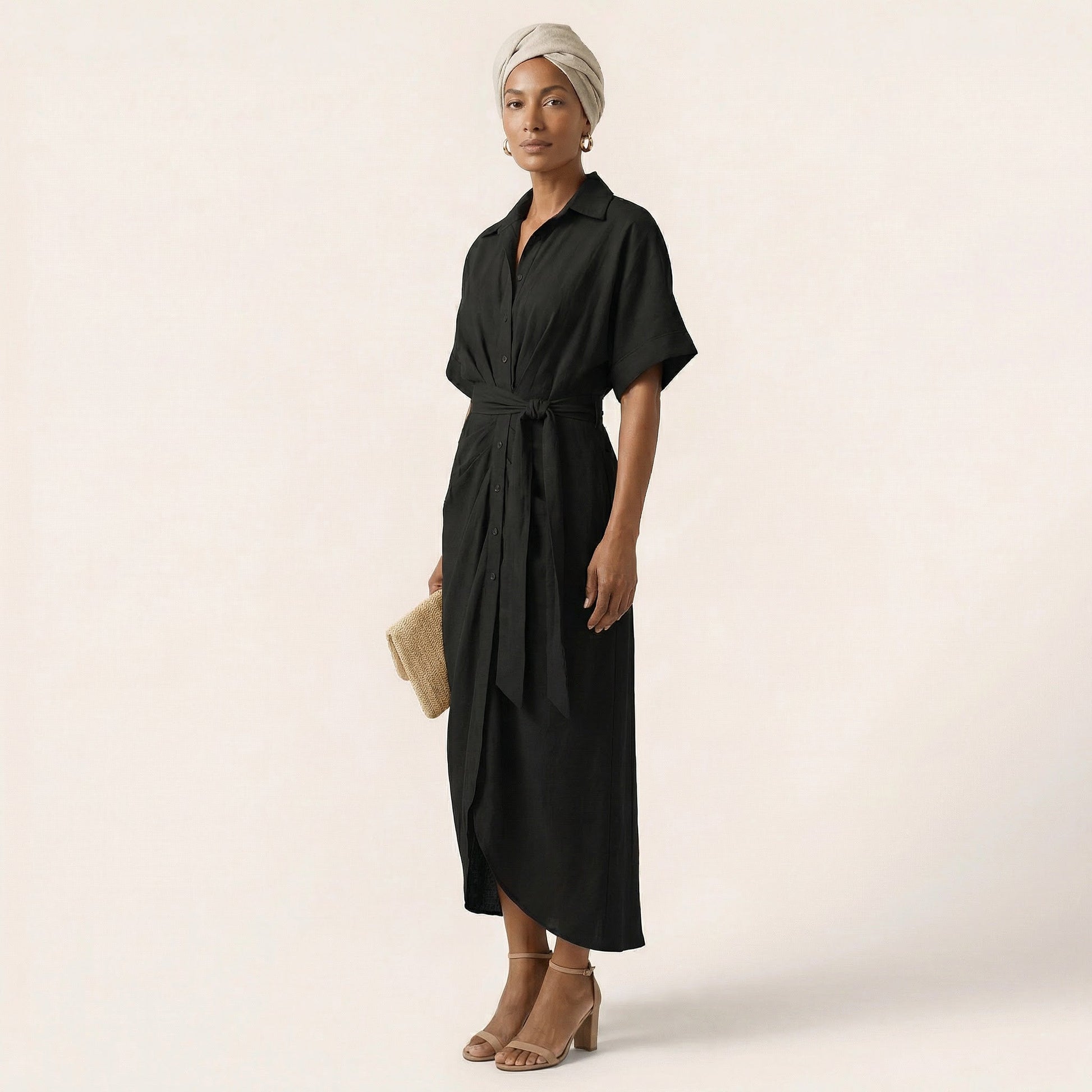 Noir Flow Belted Midi Shirt Dress BlackSM-031-BLACK-S