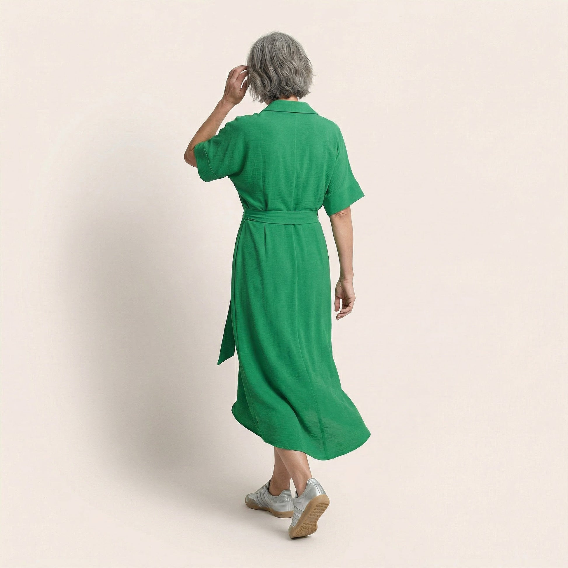 Noir Flow Belted Midi Shirt Dress GreenSM-031-GREEN-S