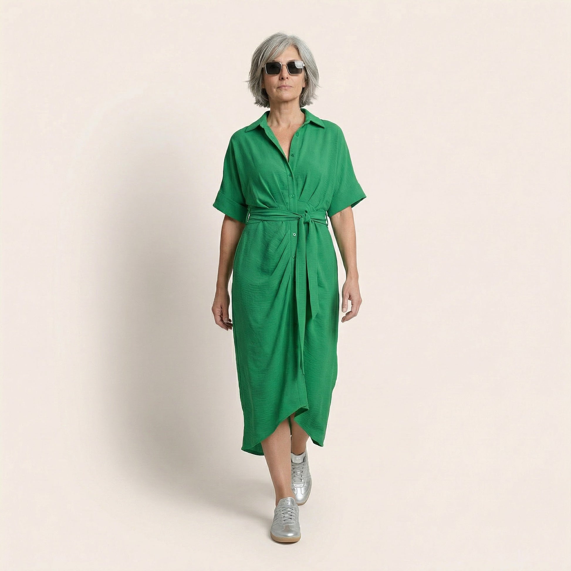 Noir Flow Belted Midi Shirt Dress GreenSM-031-GREEN-S