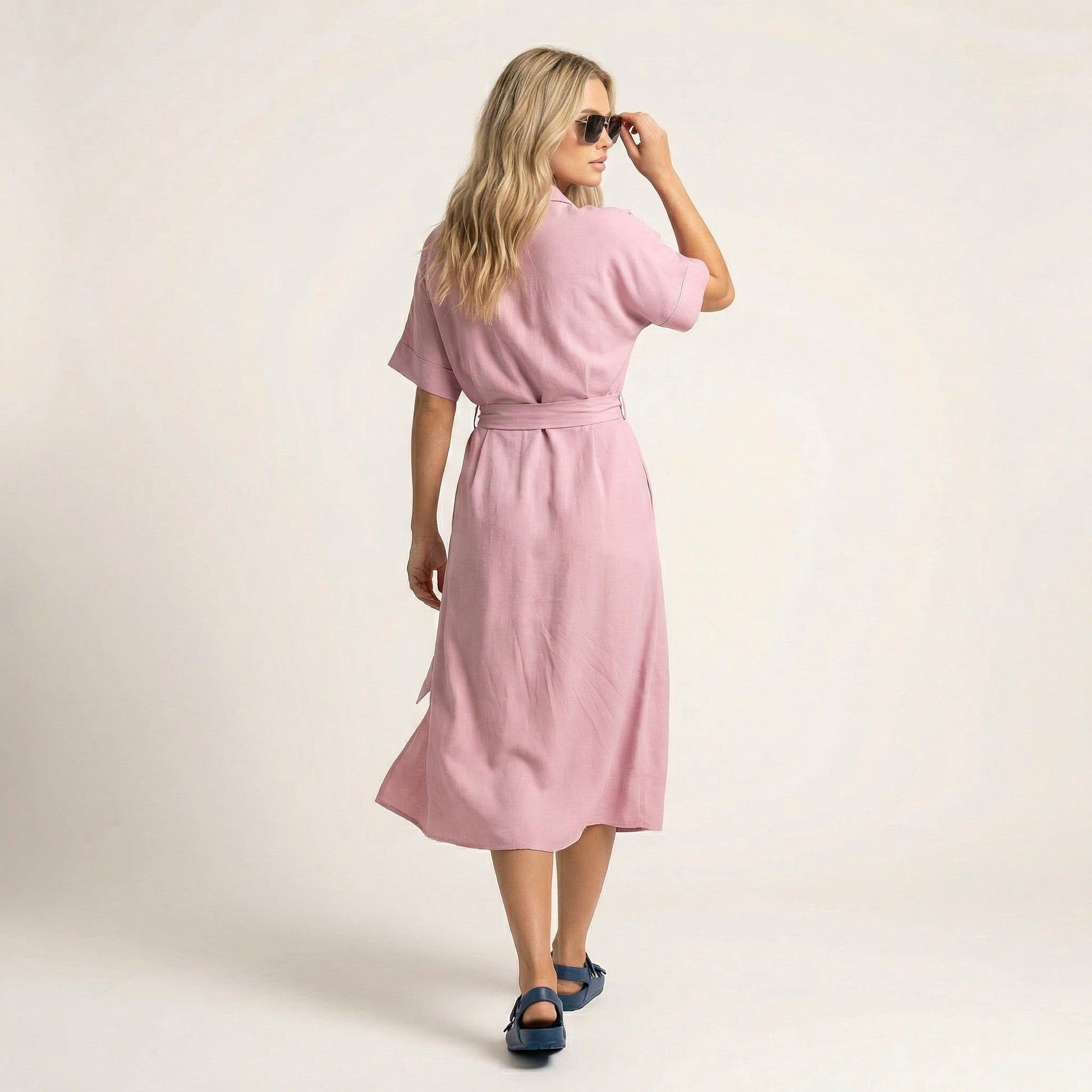 Noir Flow Belted Midi Shirt Dress PinkSM-031-PINK-S