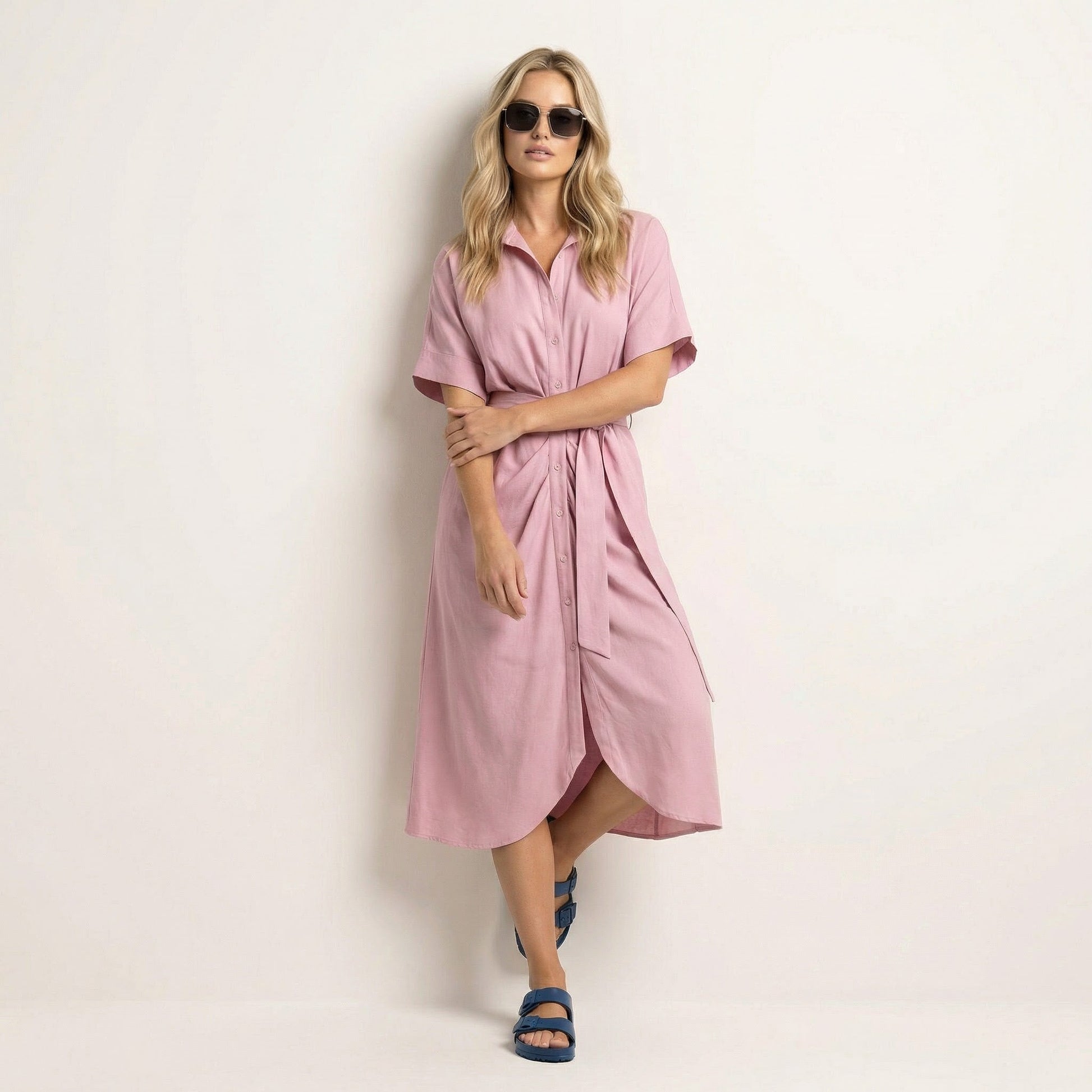 Noir Flow Belted Midi Shirt Dress PinkSM-031-PINK-S