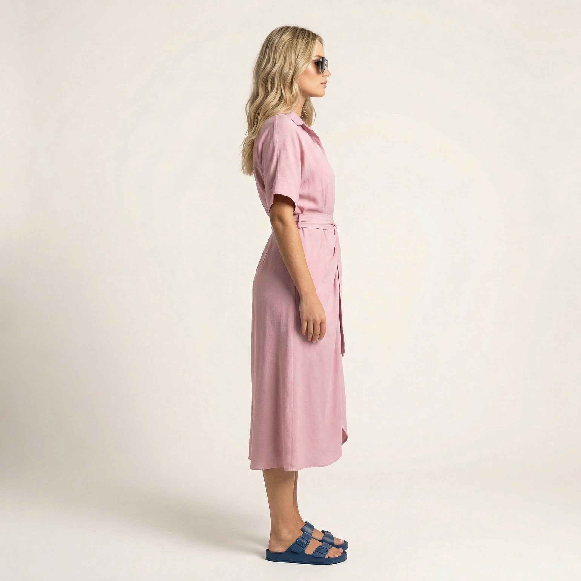 Noir Flow Belted Midi Shirt Dress PinkSM-031-PINK-S
