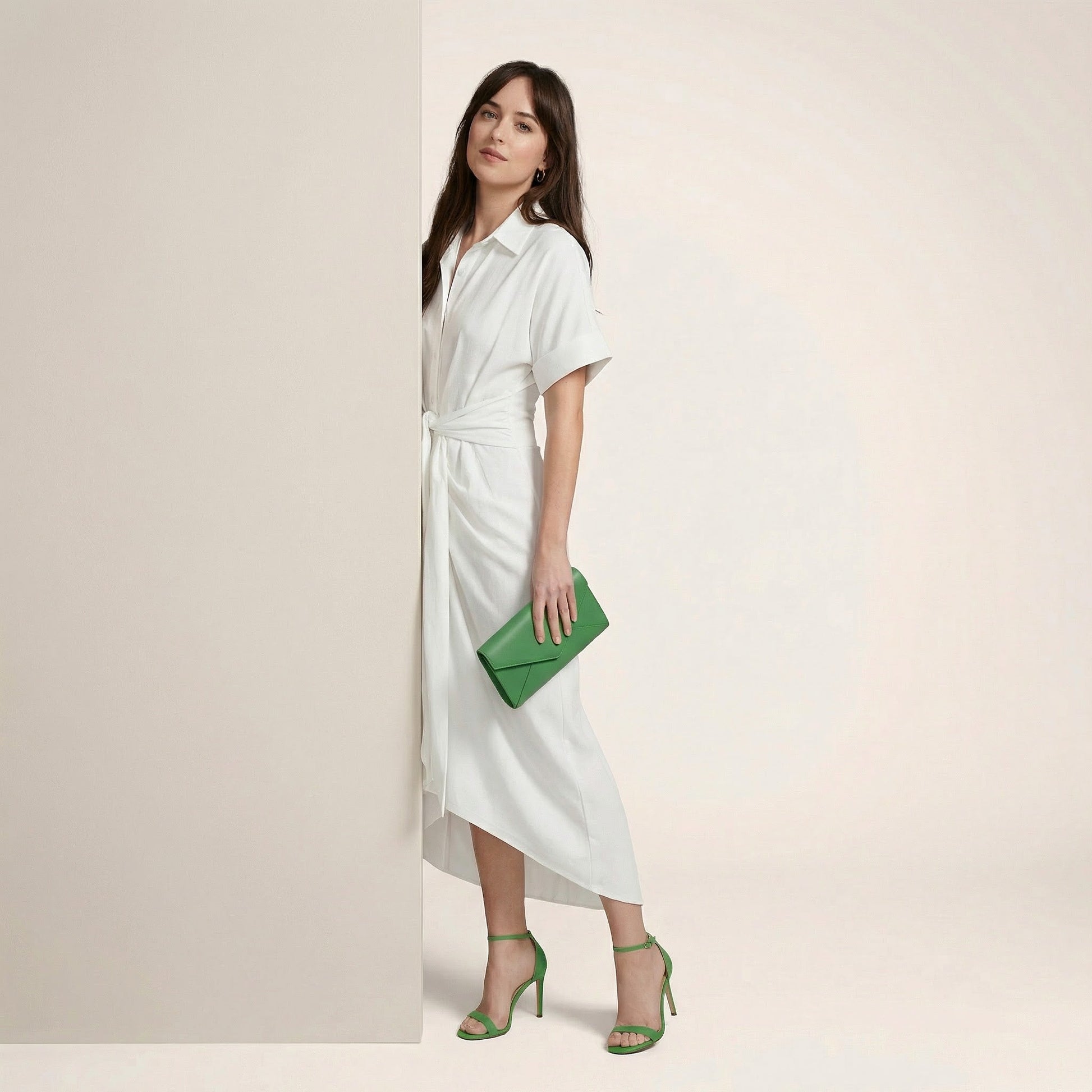 Noir Flow Belted Midi Shirt Dress WhiteSM-031-WHITE-S