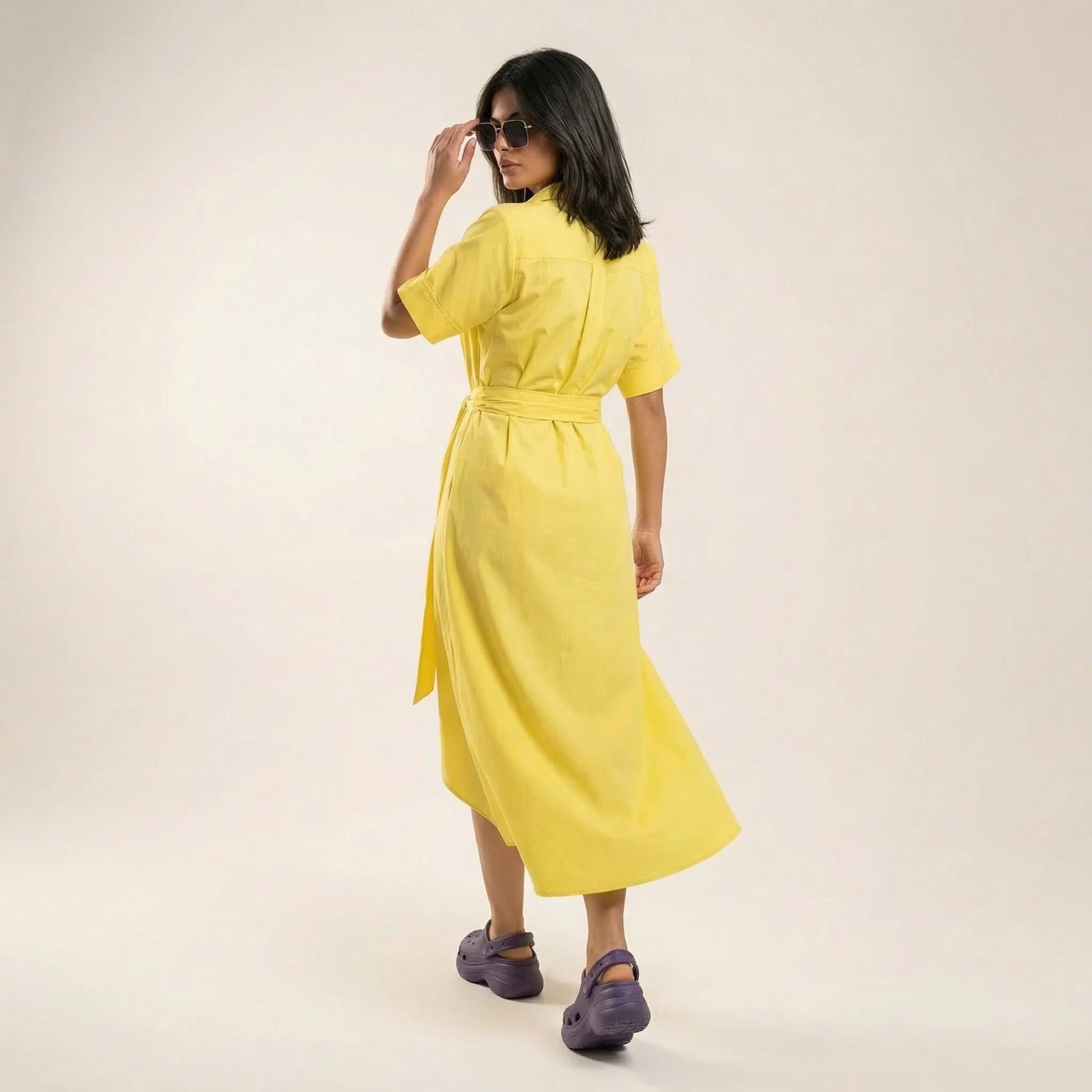 Noir Flow Belted Midi Shirt Dress YellowSM-031-YELLOW-S