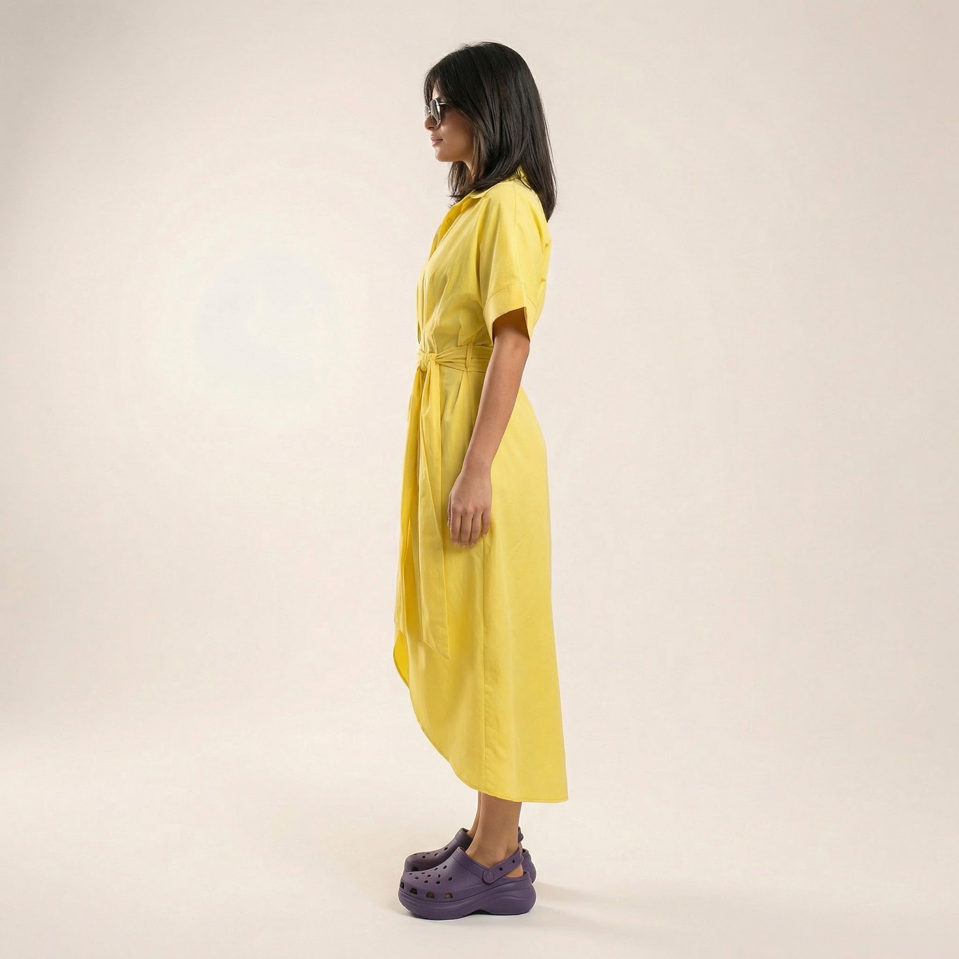 Noir Flow Belted Midi Shirt Dress YellowSM-031-YELLOW-S