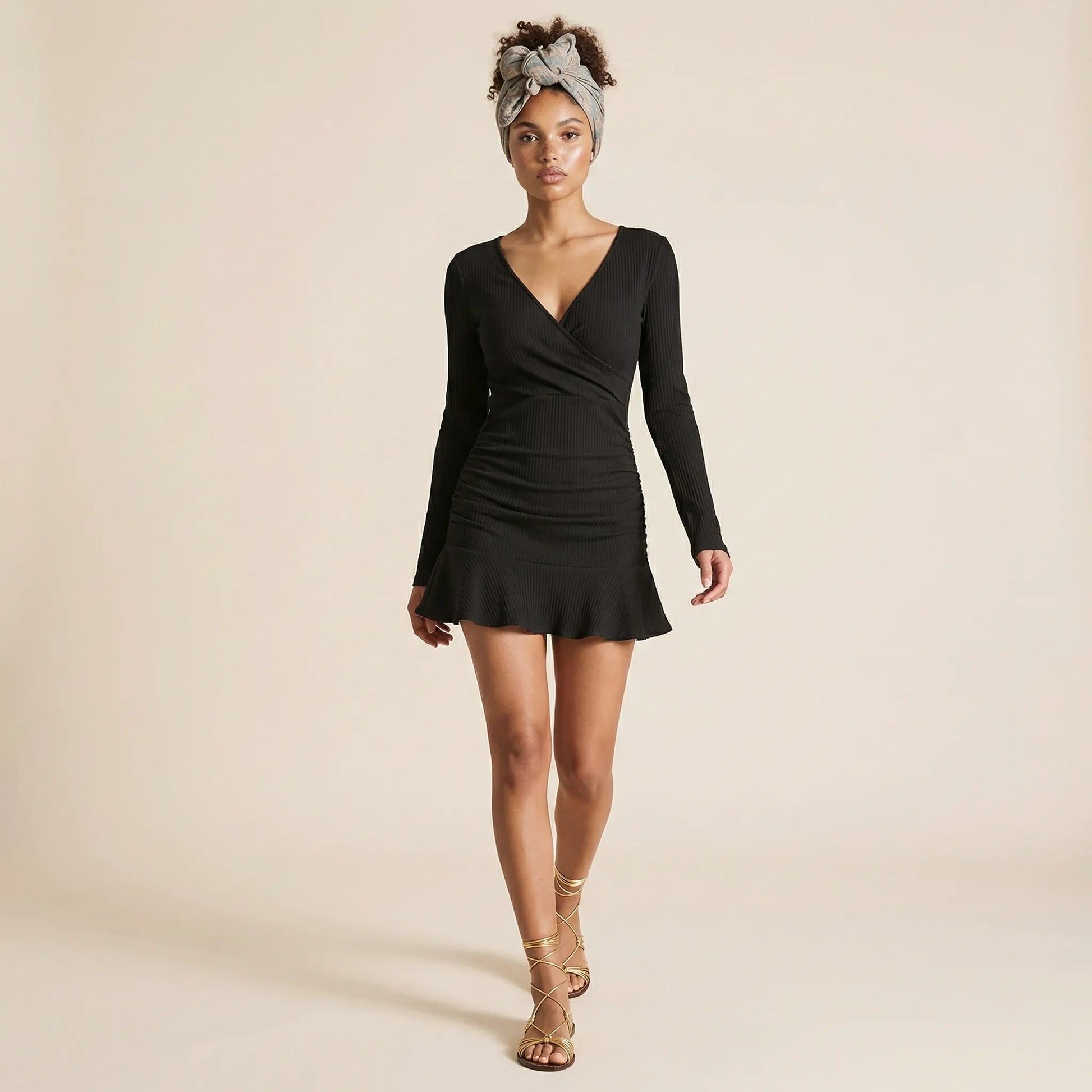 Noir Ribbed Wrap Mini Dress BlackSM-046-BLACK-S