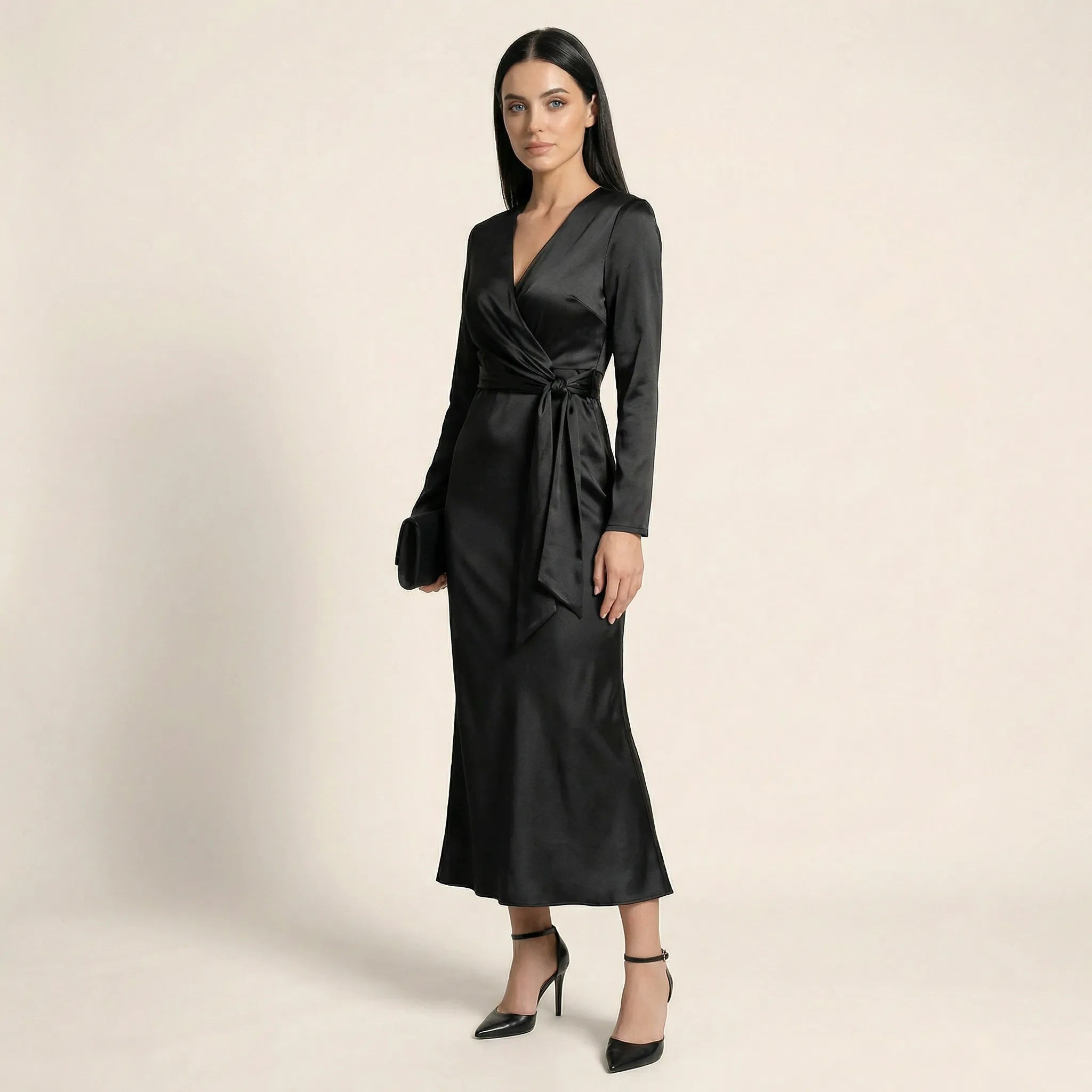Noir Satin Wrap Midi Dress BlackSM-050-BLACK-S