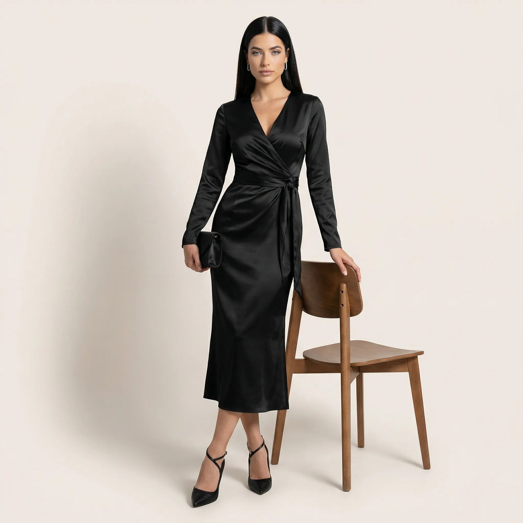 Noir Satin Wrap Midi Dress BlackSM-050-BLACK-S