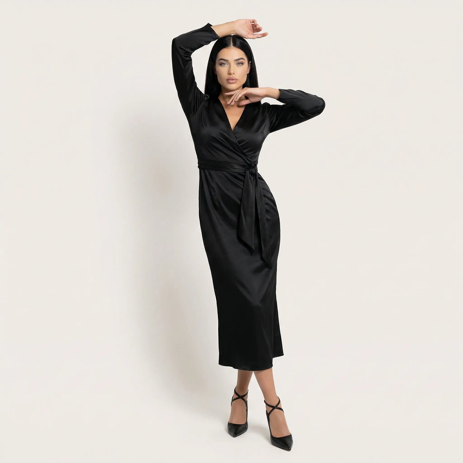 Noir Satin Wrap Midi Dress BlackSM-050-BLACK-S
