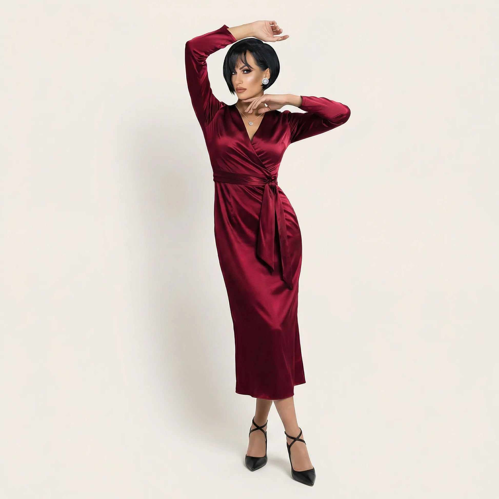 Noir Satin Wrap Midi Dress RedSM-050-RED-S