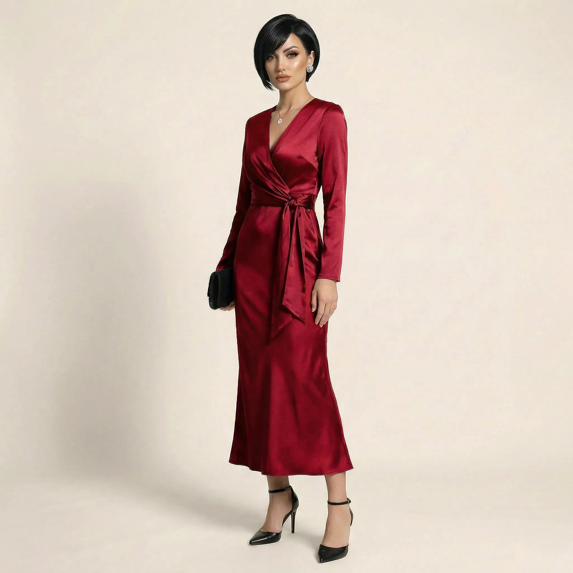 Noir Satin Wrap Midi Dress RedSM-050-RED-S