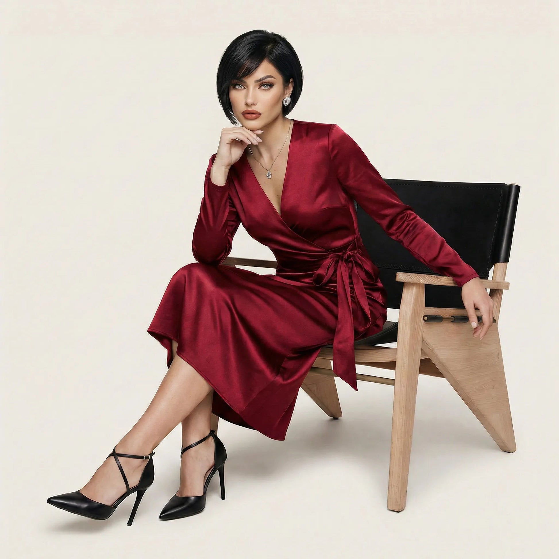 Noir Satin Wrap Midi Dress RedSM-050-RED-S