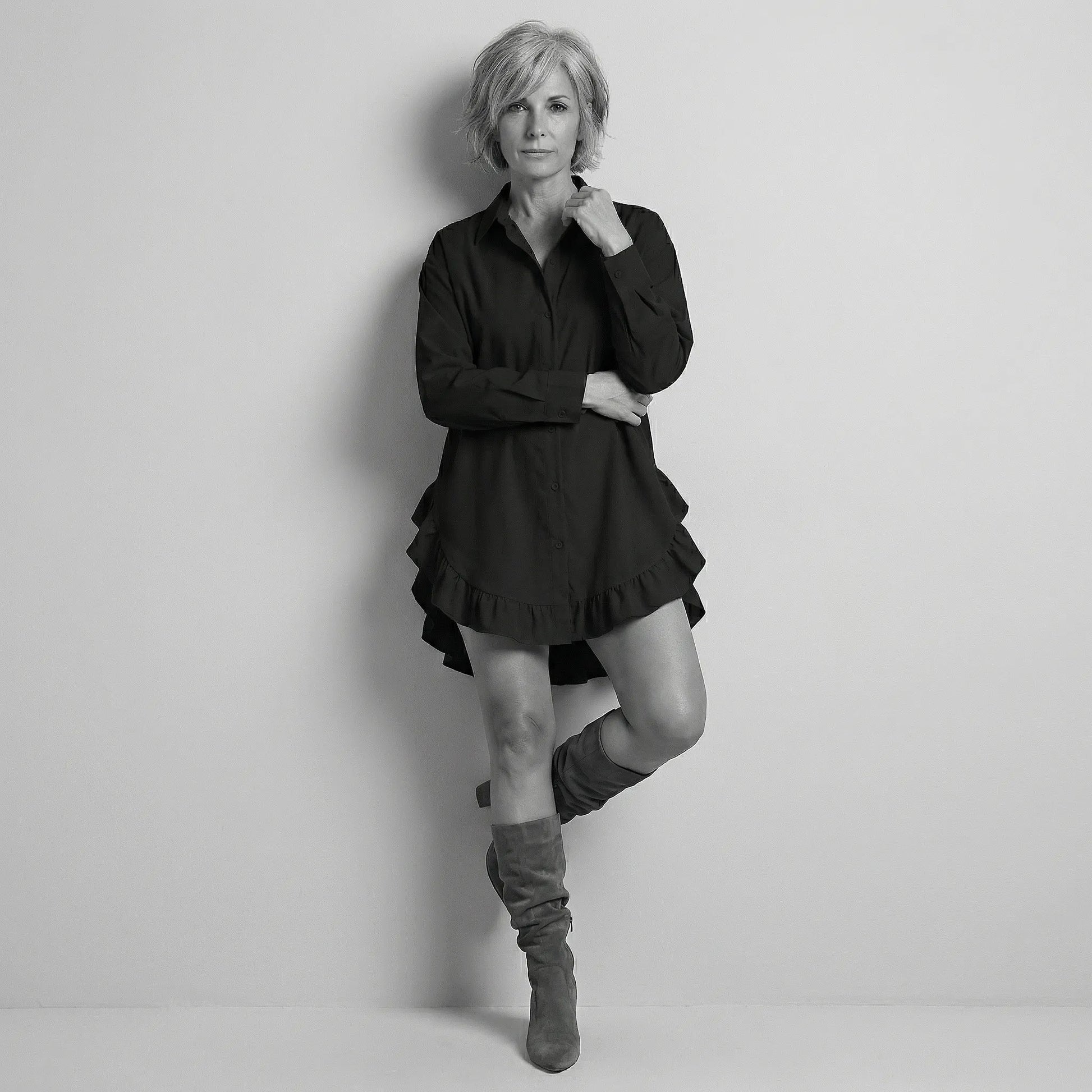 Oversized Shirt Dress with Frill Hem BlackSM-021-BLACK-S