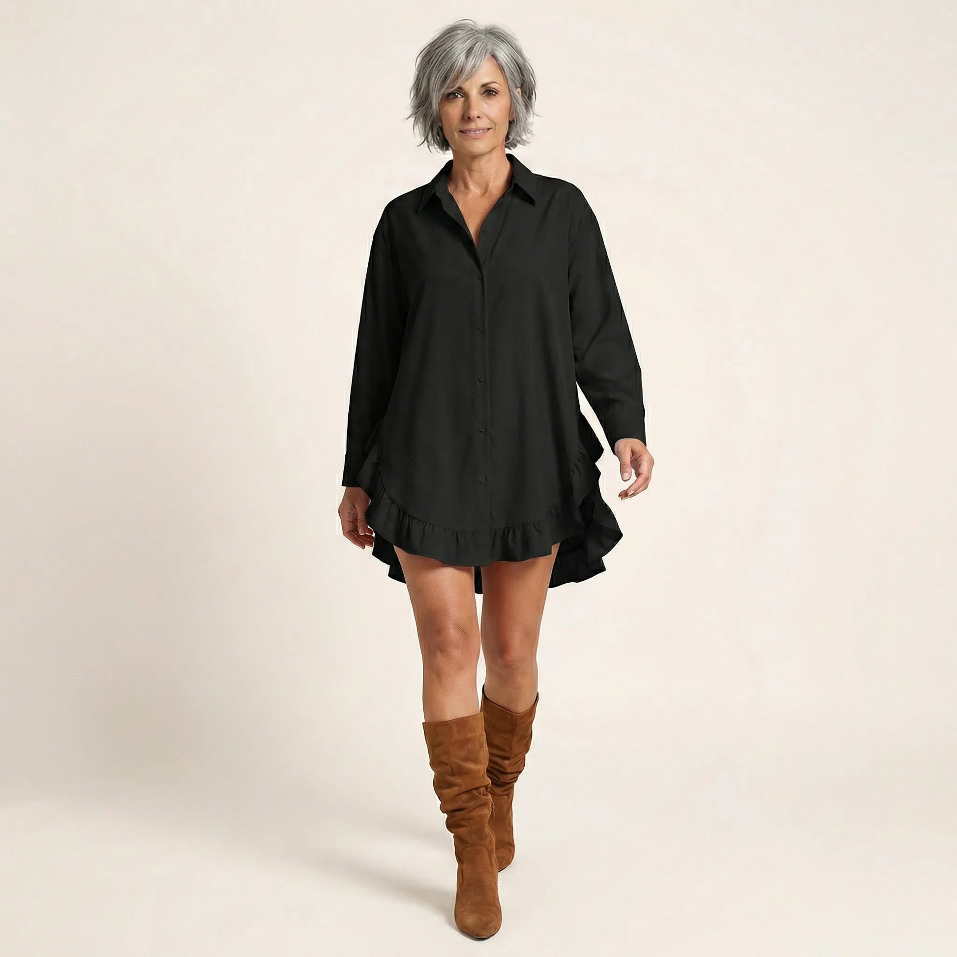 Oversized Shirt Dress with Frill Hem BlackSM-021-BLACK-S