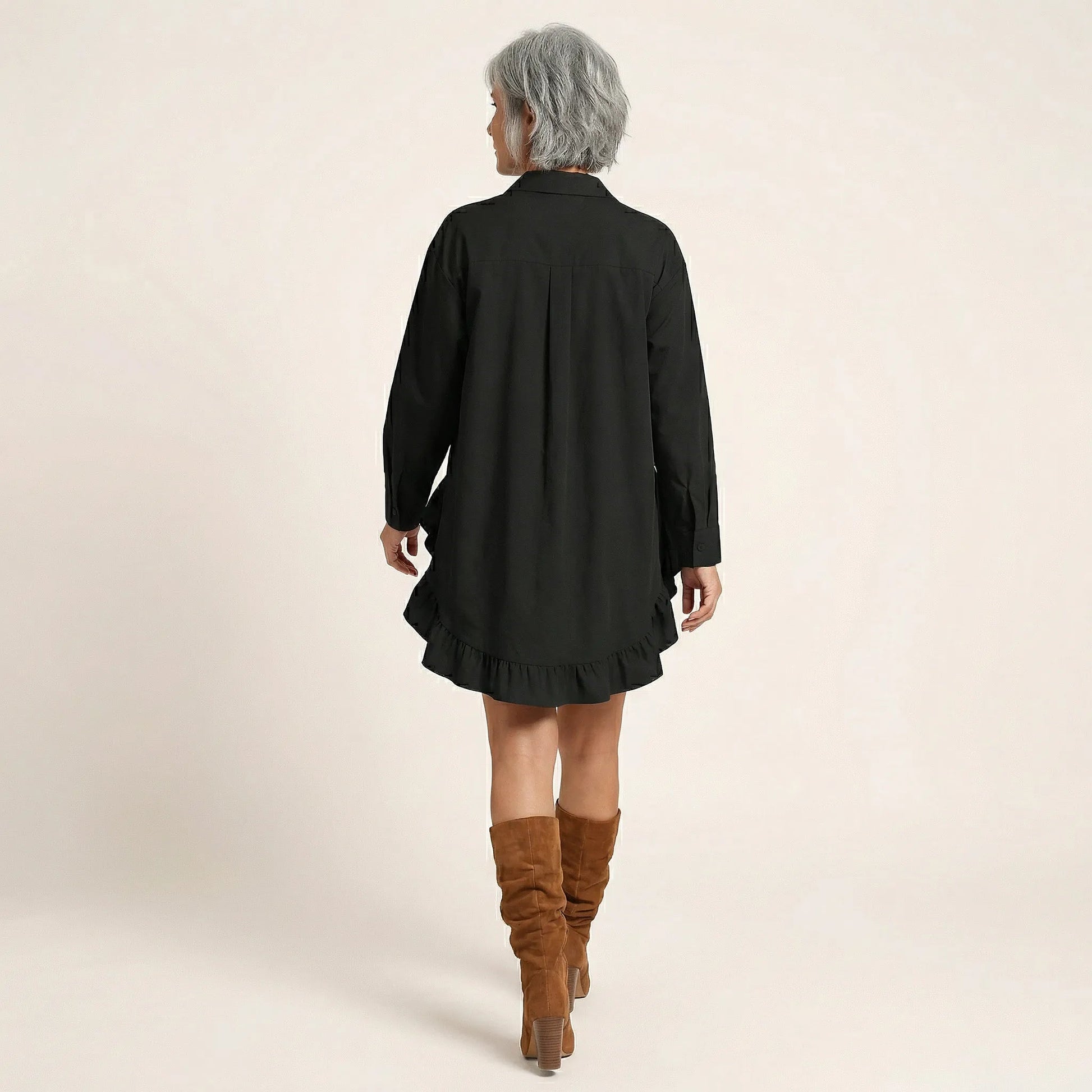 Oversized Shirt Dress with Frill Hem BlackSM-021-BLACK-S