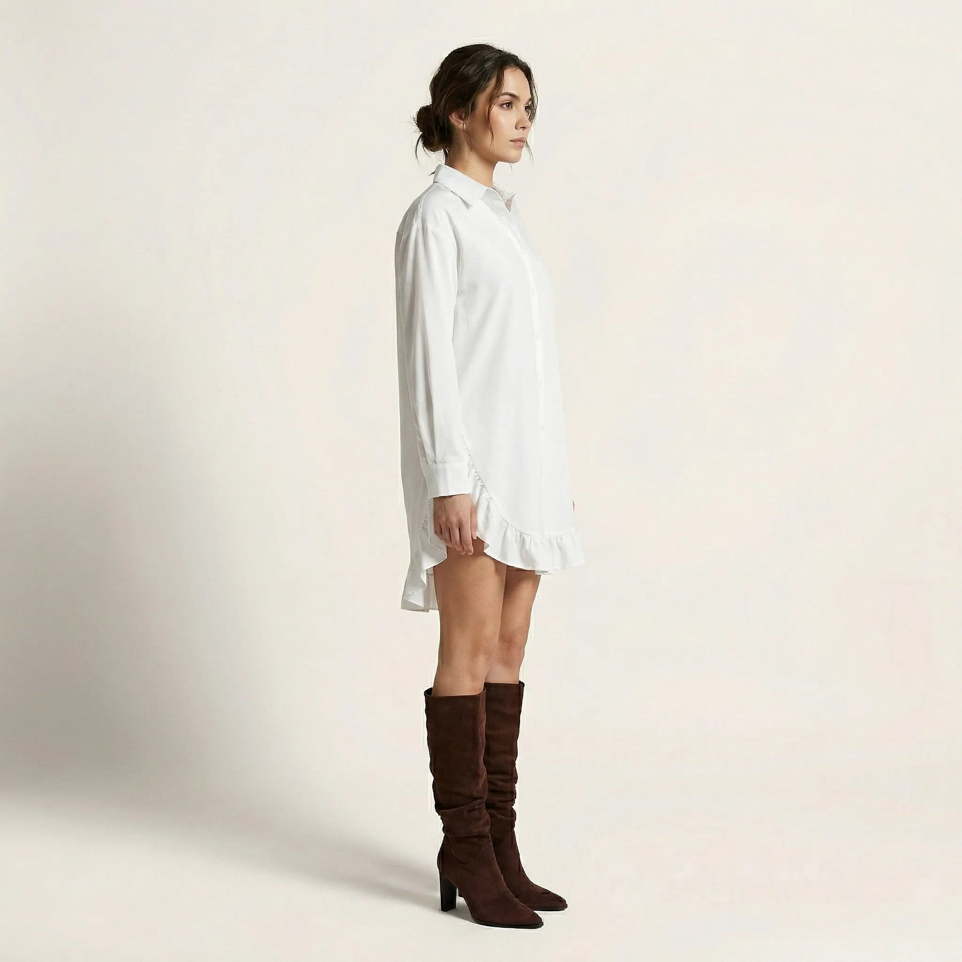Oversized Shirt Dress with Frill Hem WhiteSM-021-WHITE-S