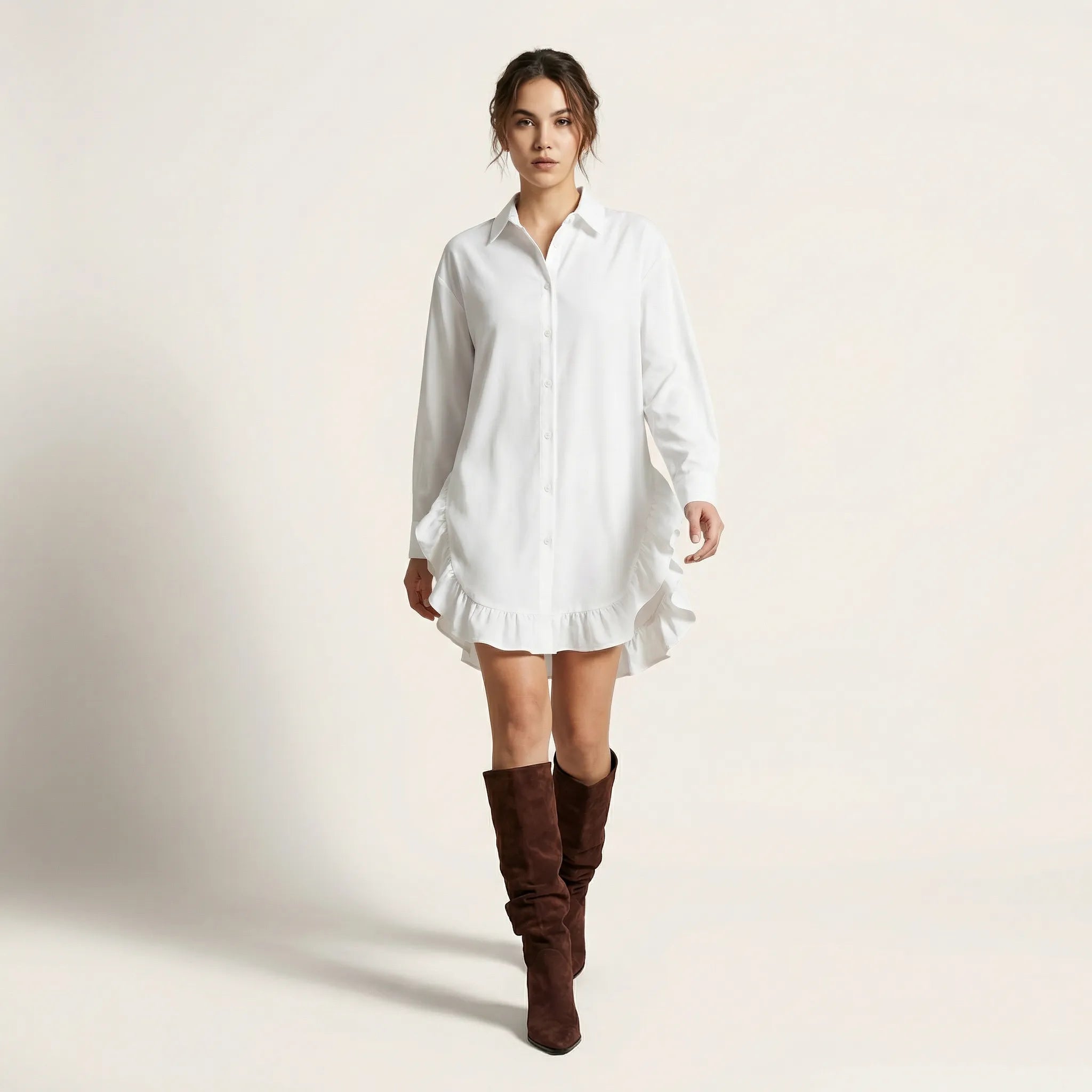 Oversized Shirt Dress with Frill Hem WhiteSM-021-WHITE-S