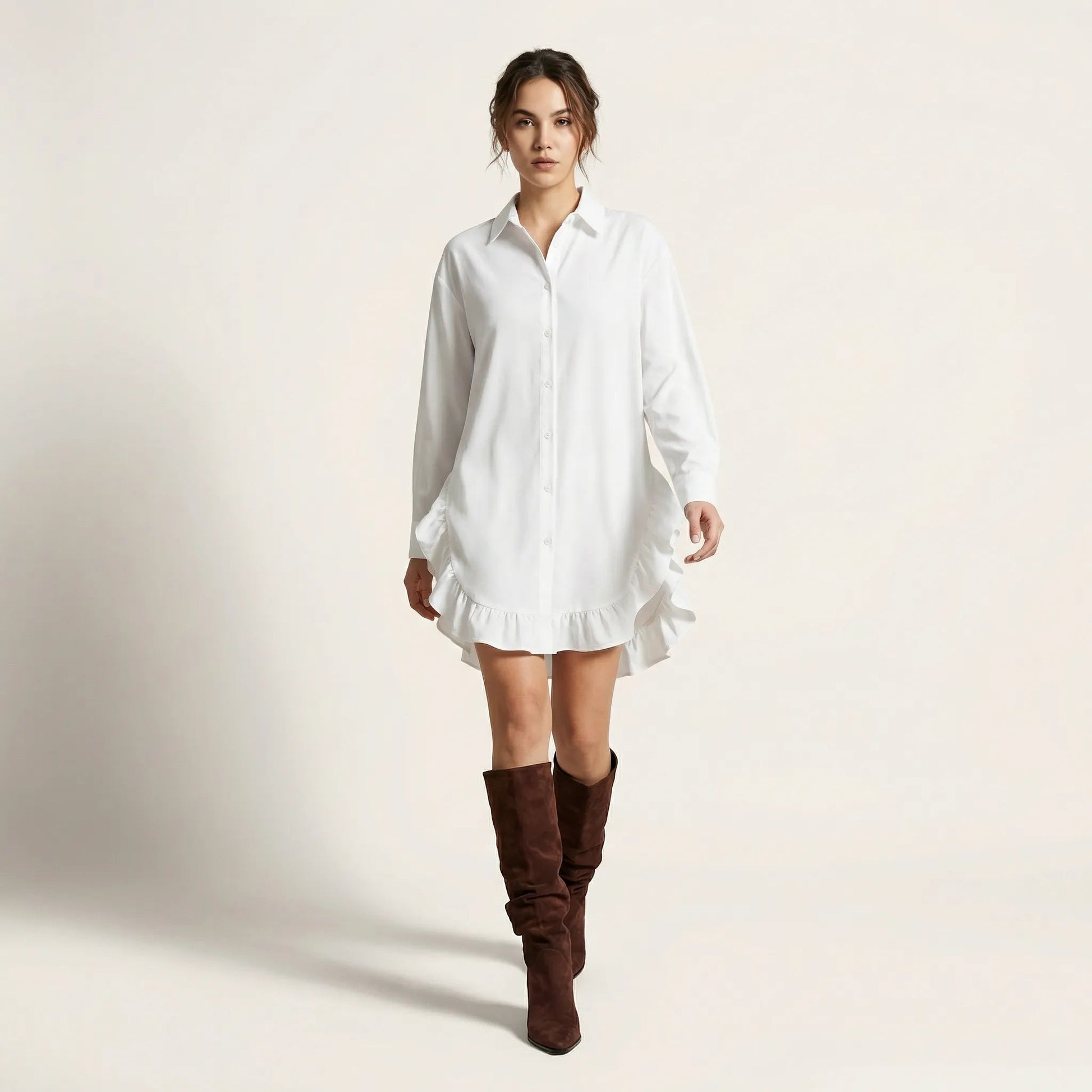 Oversized Shirt Dress with Frill Hem WhiteSM-021-WHITE-S
