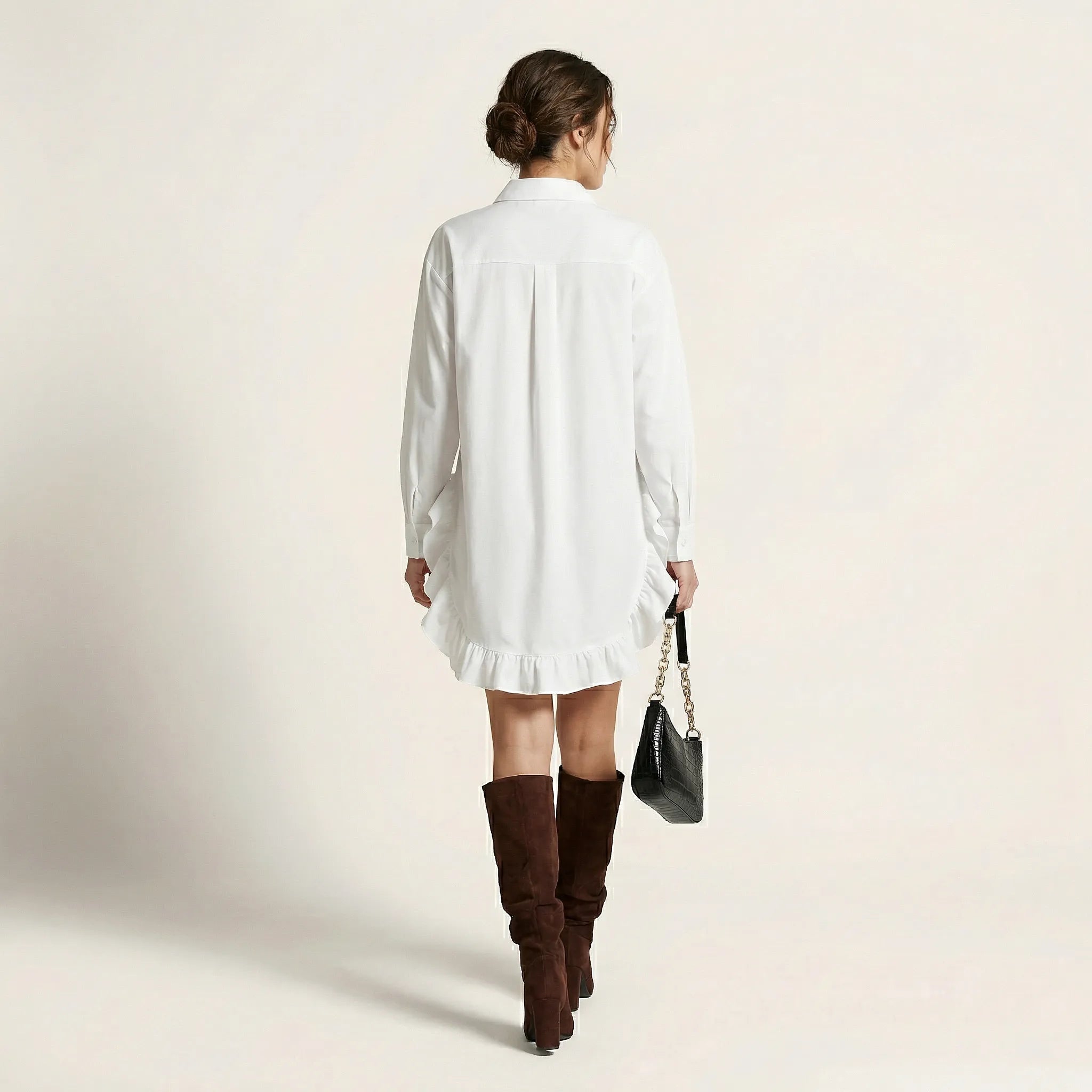 Oversized Shirt Dress with Frill Hem WhiteSM-021-WHITE-S