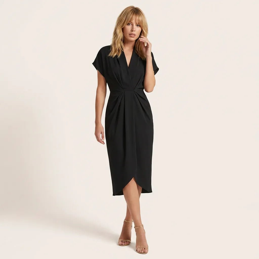 Pleated Wrap Midi Dress BlackSM-039-BLACK-S