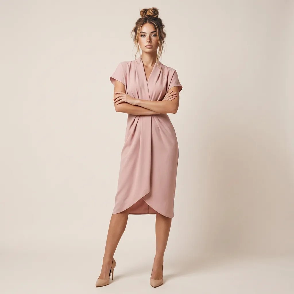 Pleated Wrap Midi Dress PeachSM-039-PEACH-S