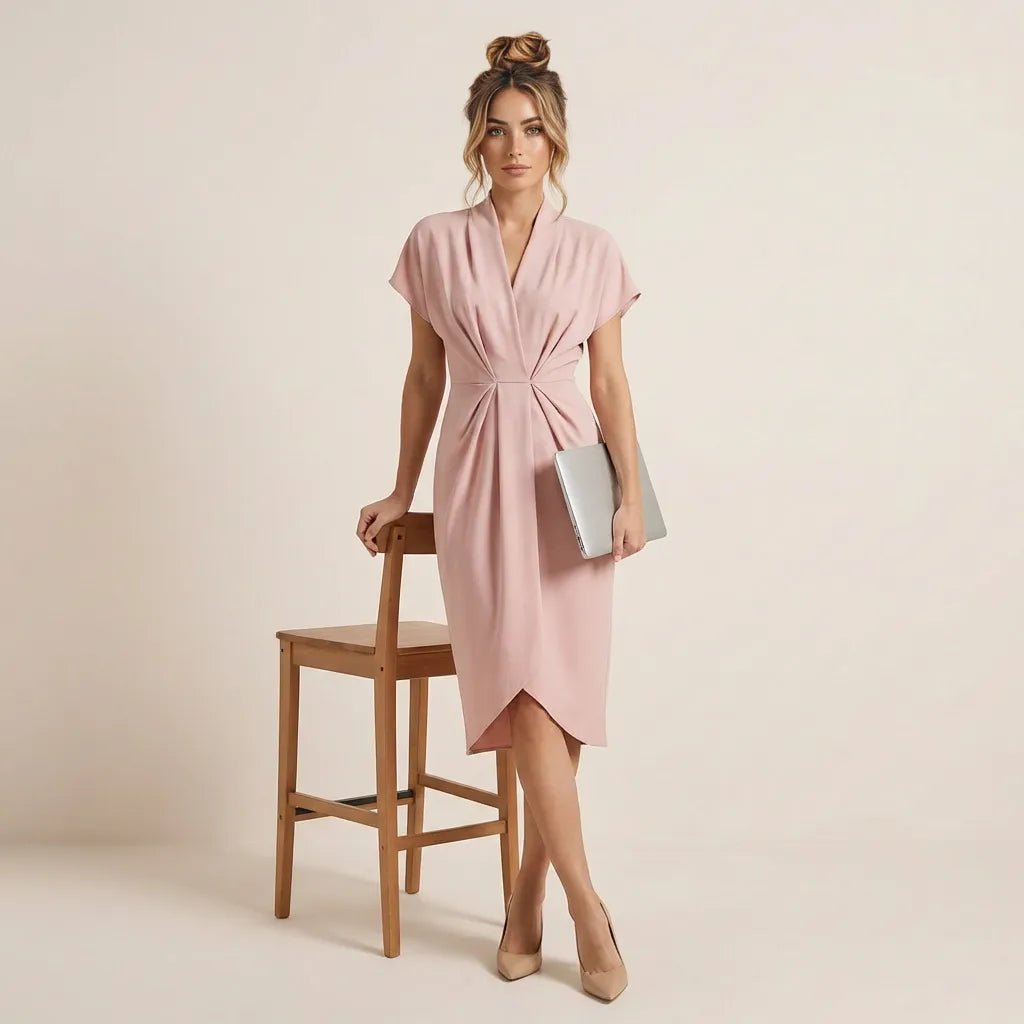 Pleated Wrap Midi Dress PeachSM-039-PEACH-S