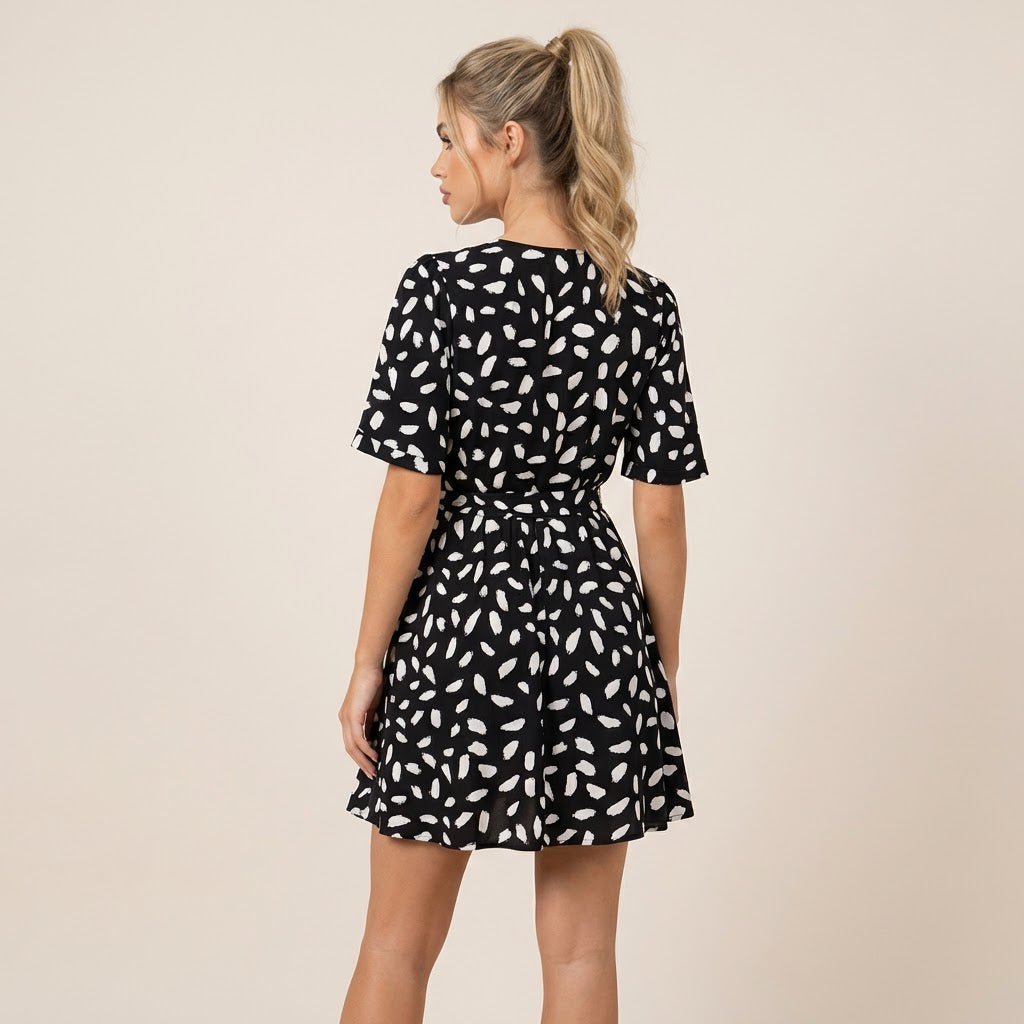Polka Print V Tie - Waist Mini Dress BlackSM-028-BLACK-S
