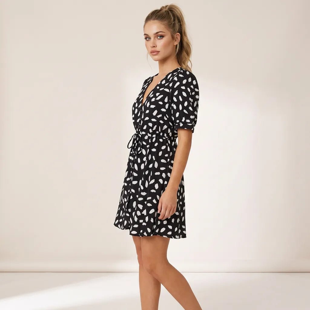 Polka Print V Tie - Waist Mini Dress BlackSM-028-BLACK-S