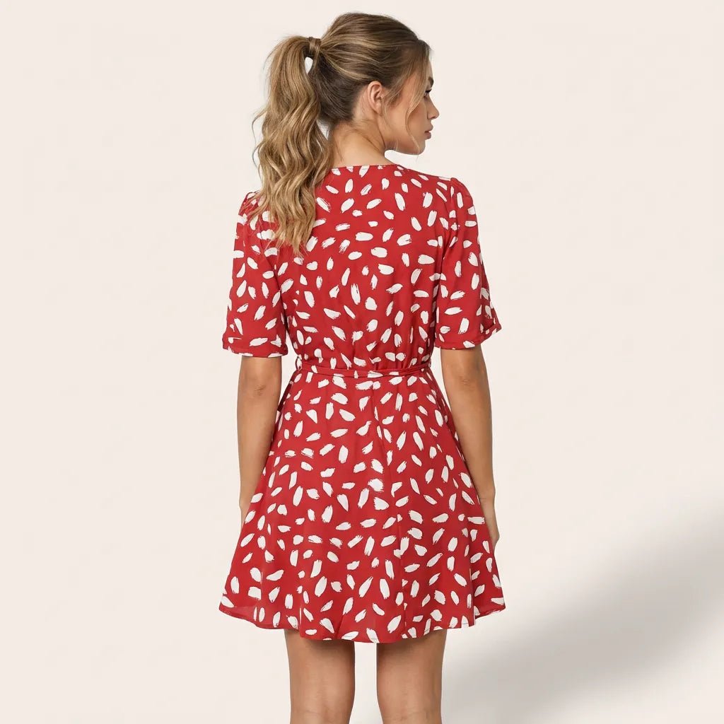 Polka Print V Tie - Waist Mini Dress RedSM-028-RED-S