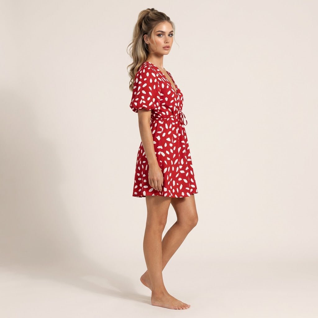 Polka Print V Tie - Waist Mini Dress RedSM-028-RED-S