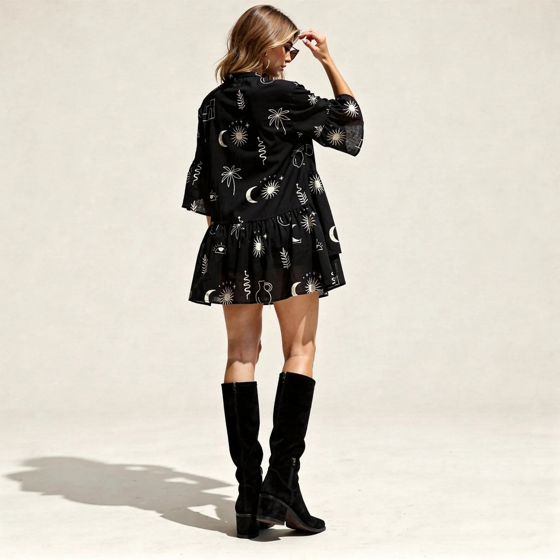 Relaxed Fit Printed Babydoll Summer Dress BlackSM-029-BLACK-S