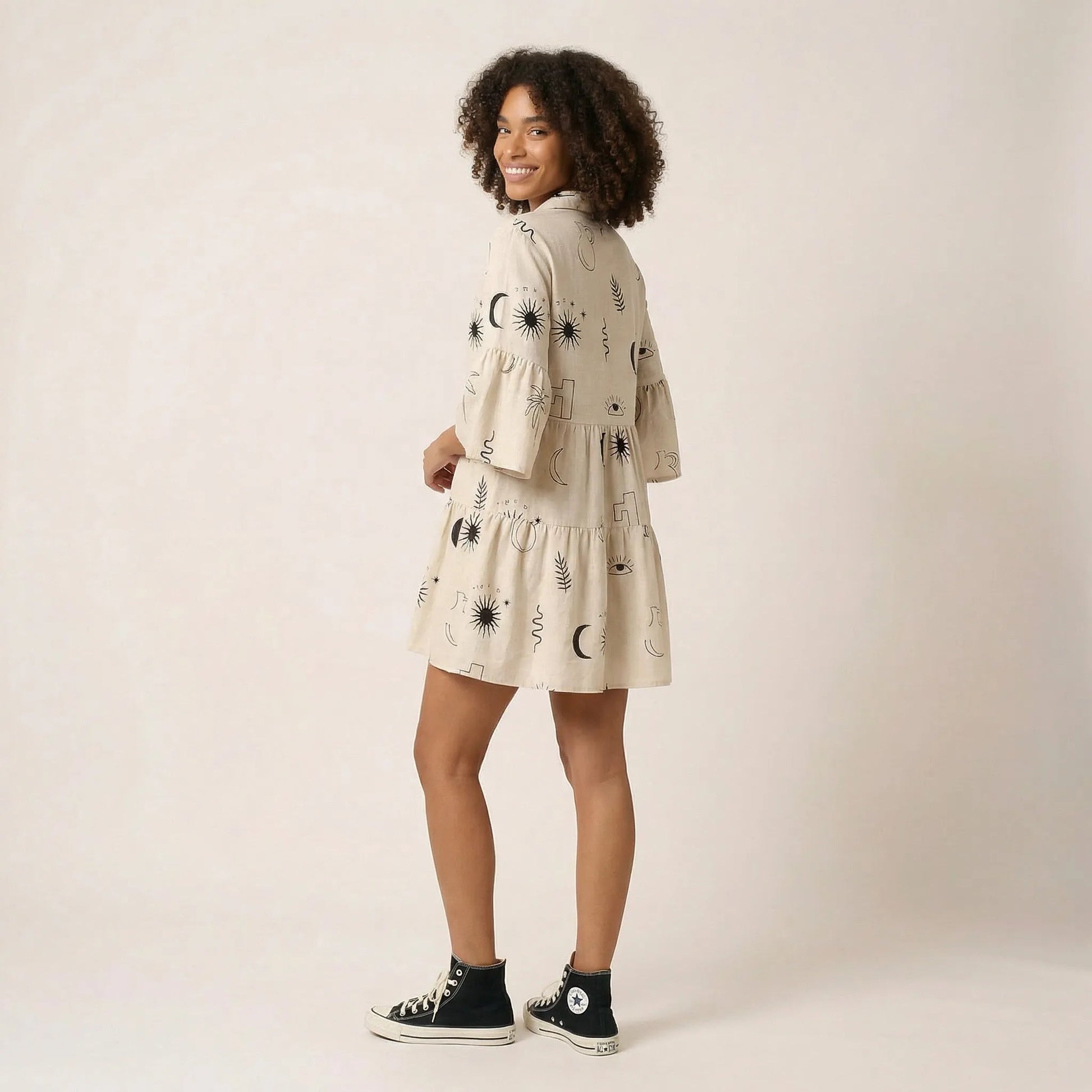 Relaxed Fit Printed Babydoll Summer Dress Off - WhiteSM-029-OFFWHITE-S