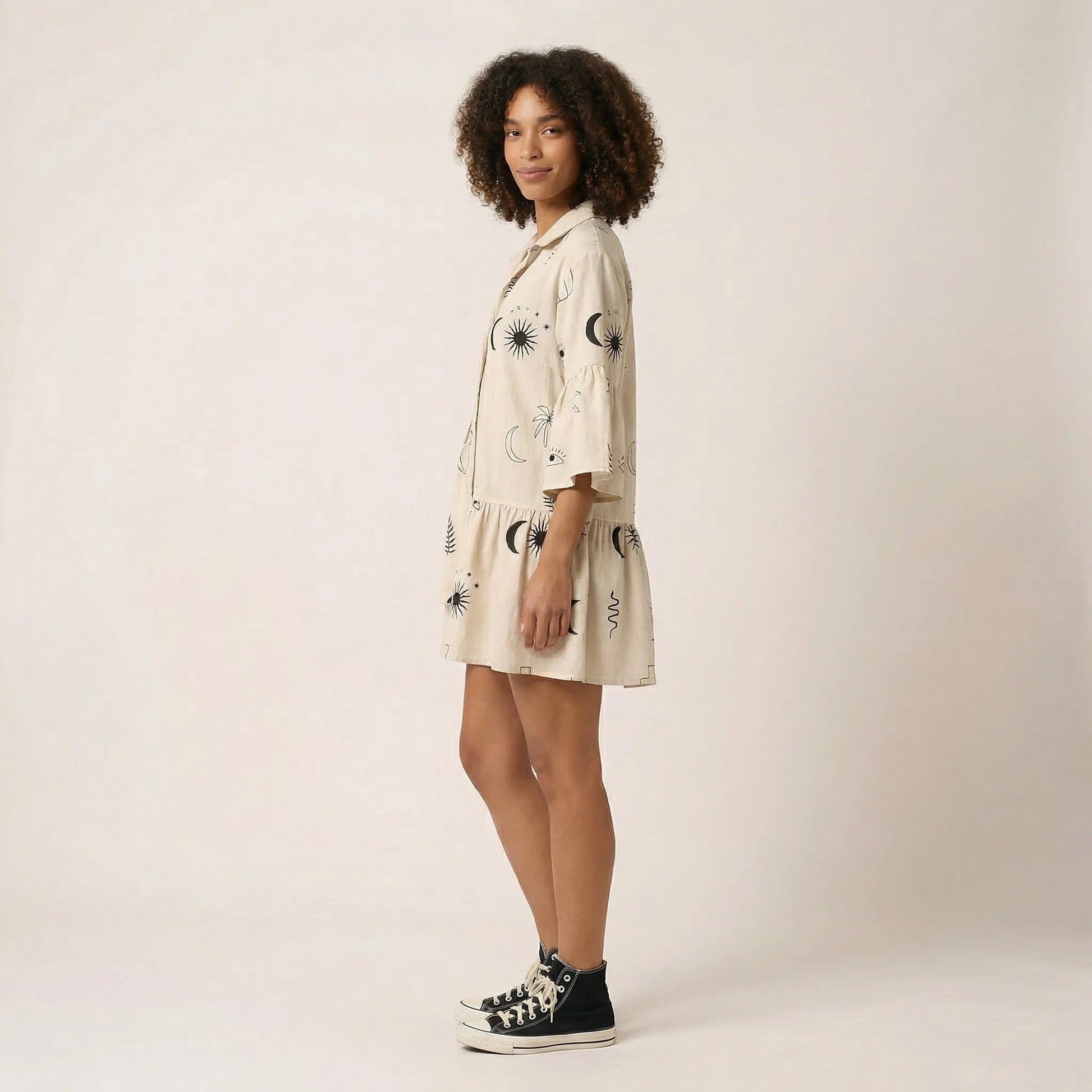 Relaxed Fit Printed Babydoll Summer Dress Off - WhiteSM-029-OFFWHITE-S