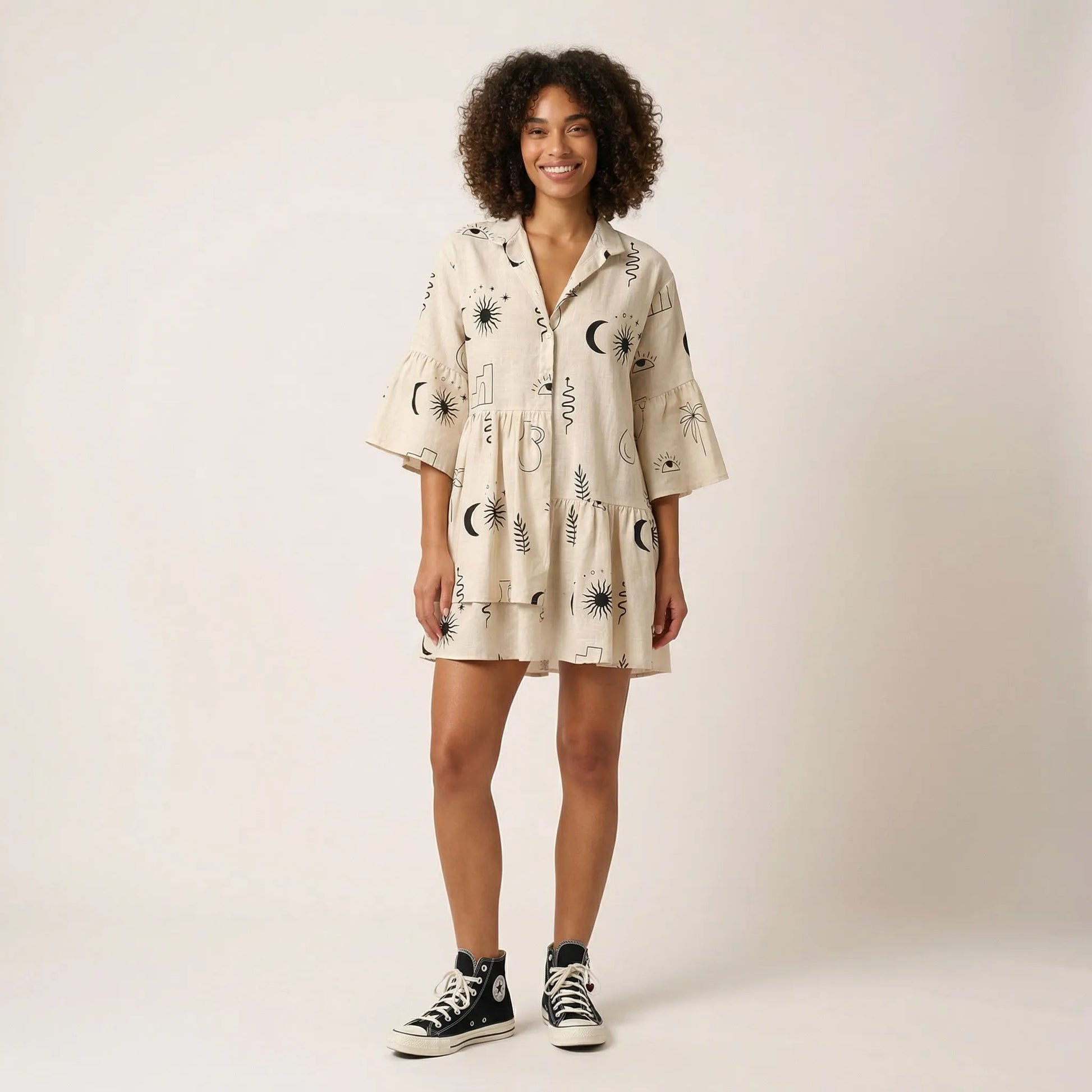 Relaxed Fit Printed Babydoll Summer Dress Off - WhiteSM-029-OFFWHITE-S
