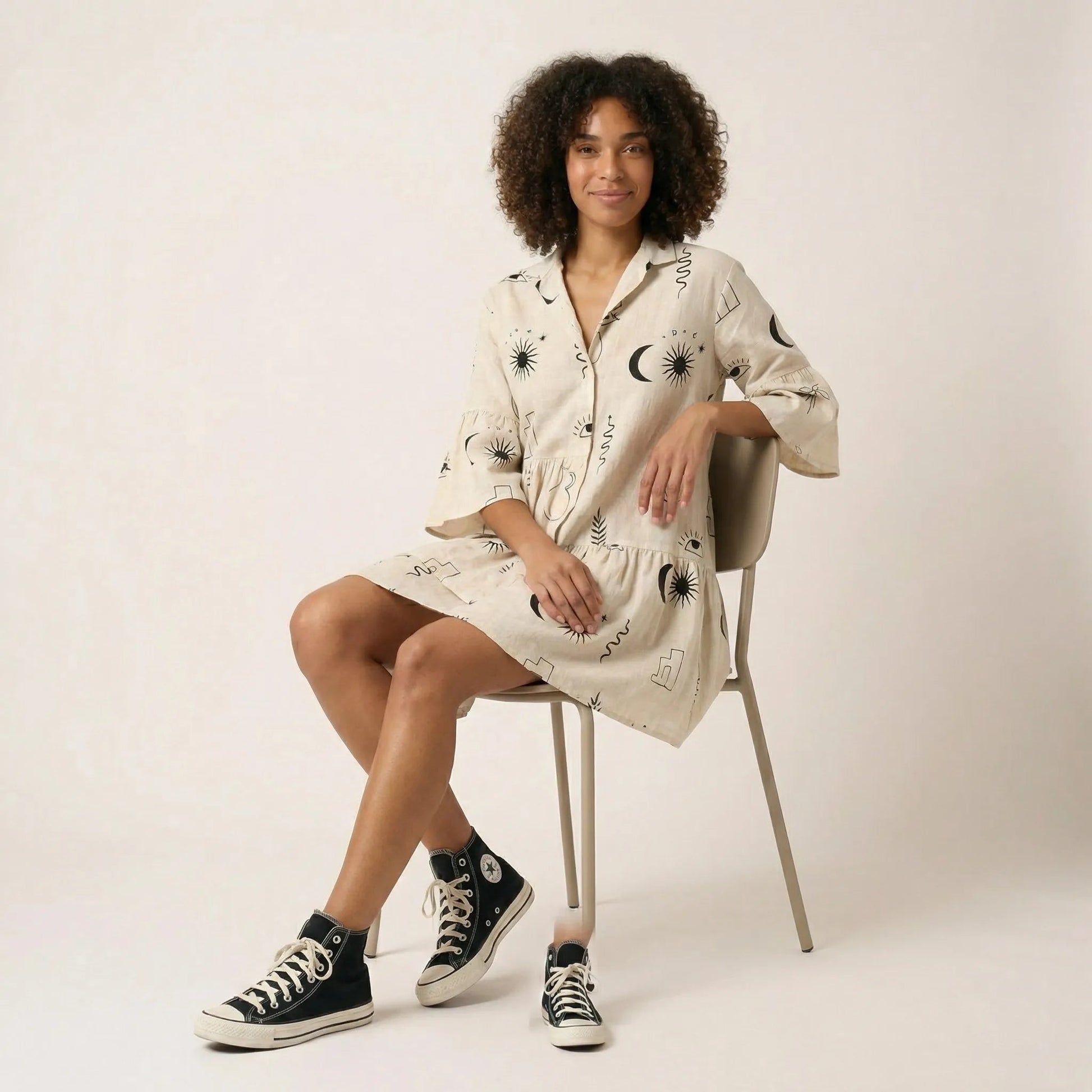 Relaxed Fit Printed Babydoll Summer Dress Off - WhiteSM-029-OFFWHITE-S