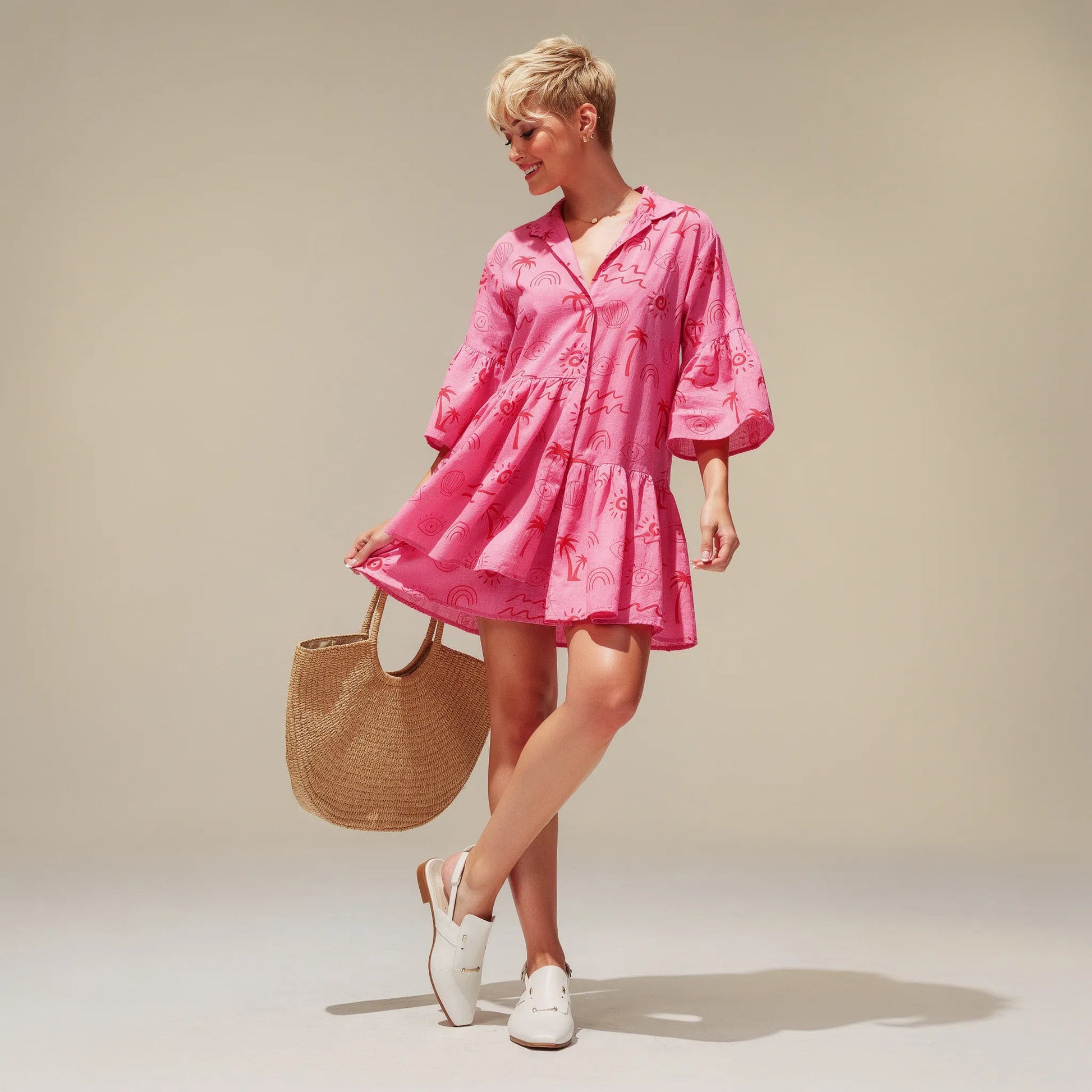 Relaxed Fit Printed Babydoll Summer Dress PinkSM-029-PINK-S
