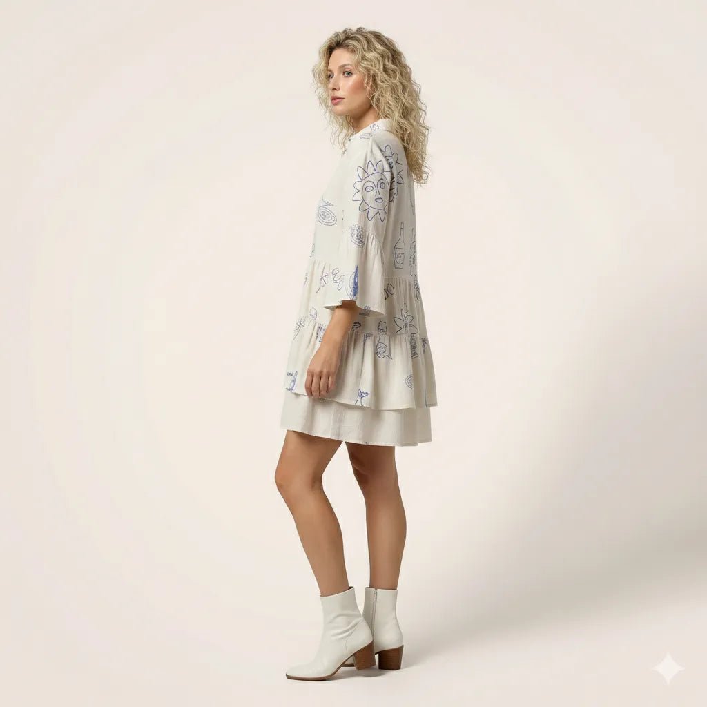 Relaxed Fit Printed Babydoll Summer Dress WhiteSM-029-WHITE-S