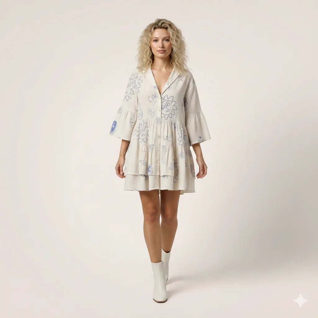 Relaxed Fit Printed Babydoll Summer Dress WhiteSM-029-WHITE-S