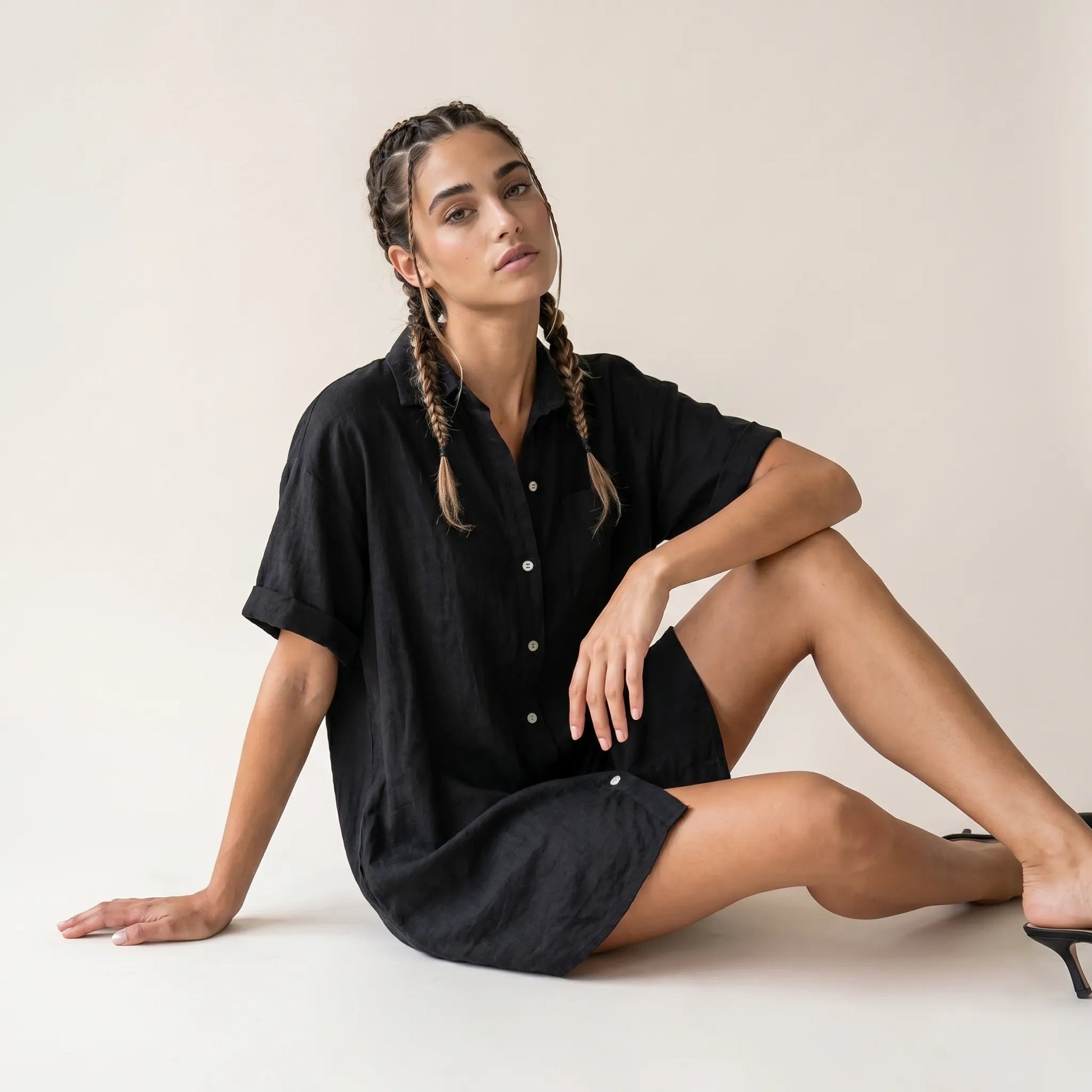 Relaxed Linen Shirt Dress BlackSM-069-BLACK-S