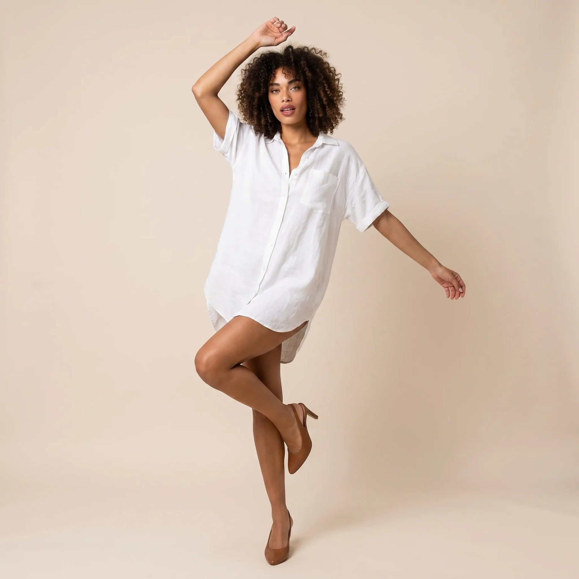 Relaxed Linen Shirt Dress WhiteSM-069-WHITE-S