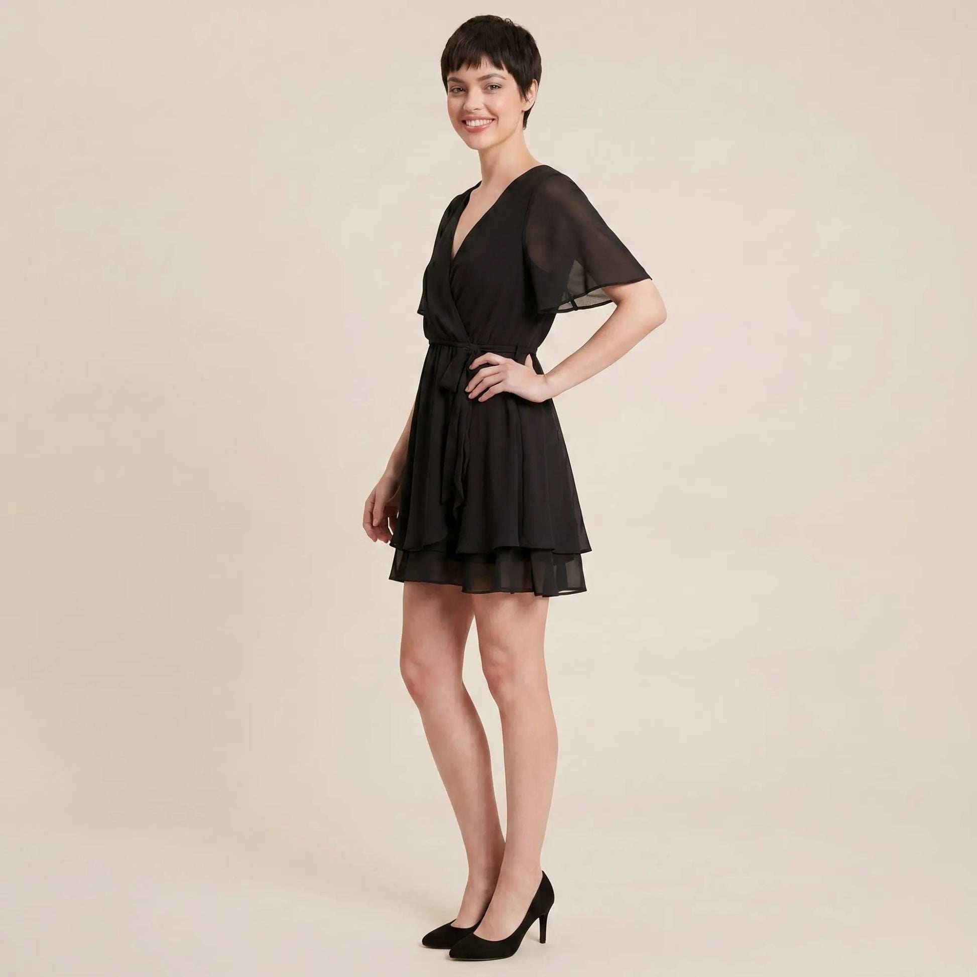 Ruffle Wrap Mini Dress BlackSM-055-BLACK-S