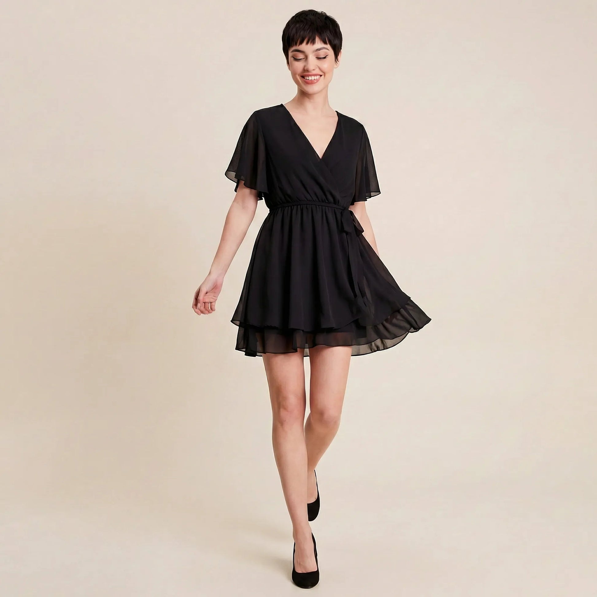 Ruffle Wrap Mini Dress BlackSM-055-BLACK-S
