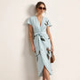Short - sleeved Printed V - neck Midi Dress BlueSM-016-BLUE-S