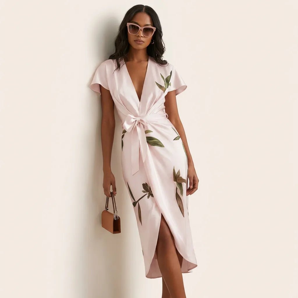 Short - sleeved Printed V - neck Midi Dress PinkSM-016-PINK-S