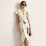 Short - sleeved Printed V - neck Midi Dress WhiteSM-016-WHITE-S