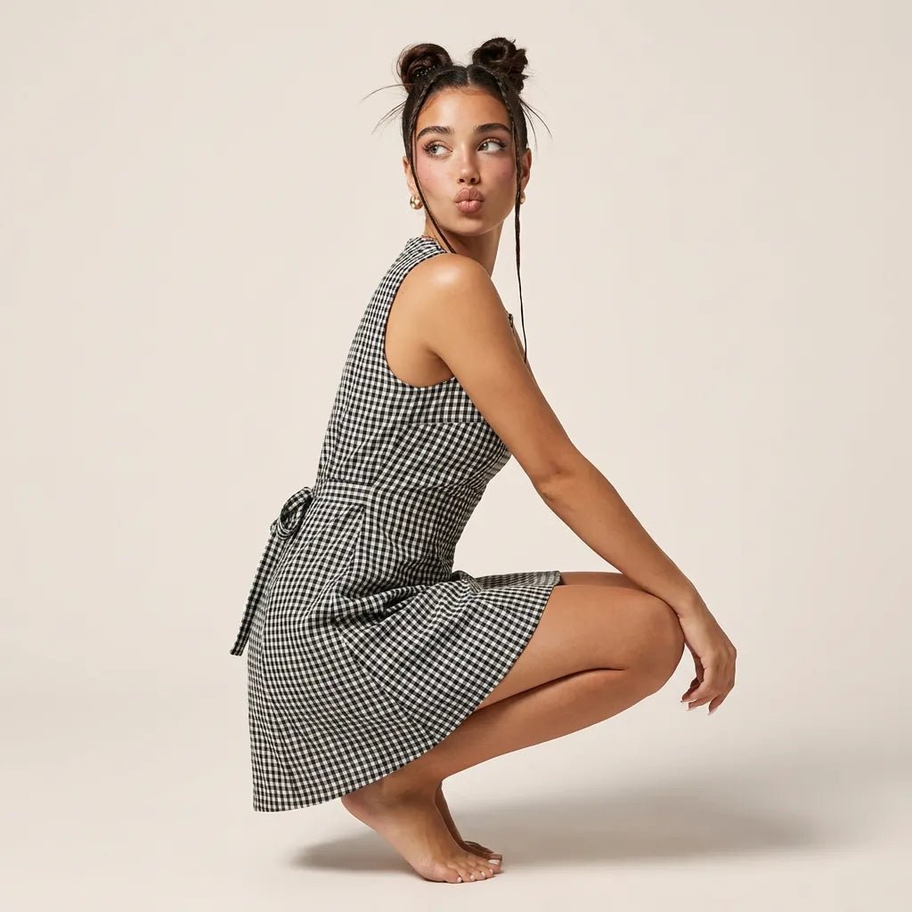 Sleeveless Gingham Mini Dress BlackXSM-027-BLACK-XS