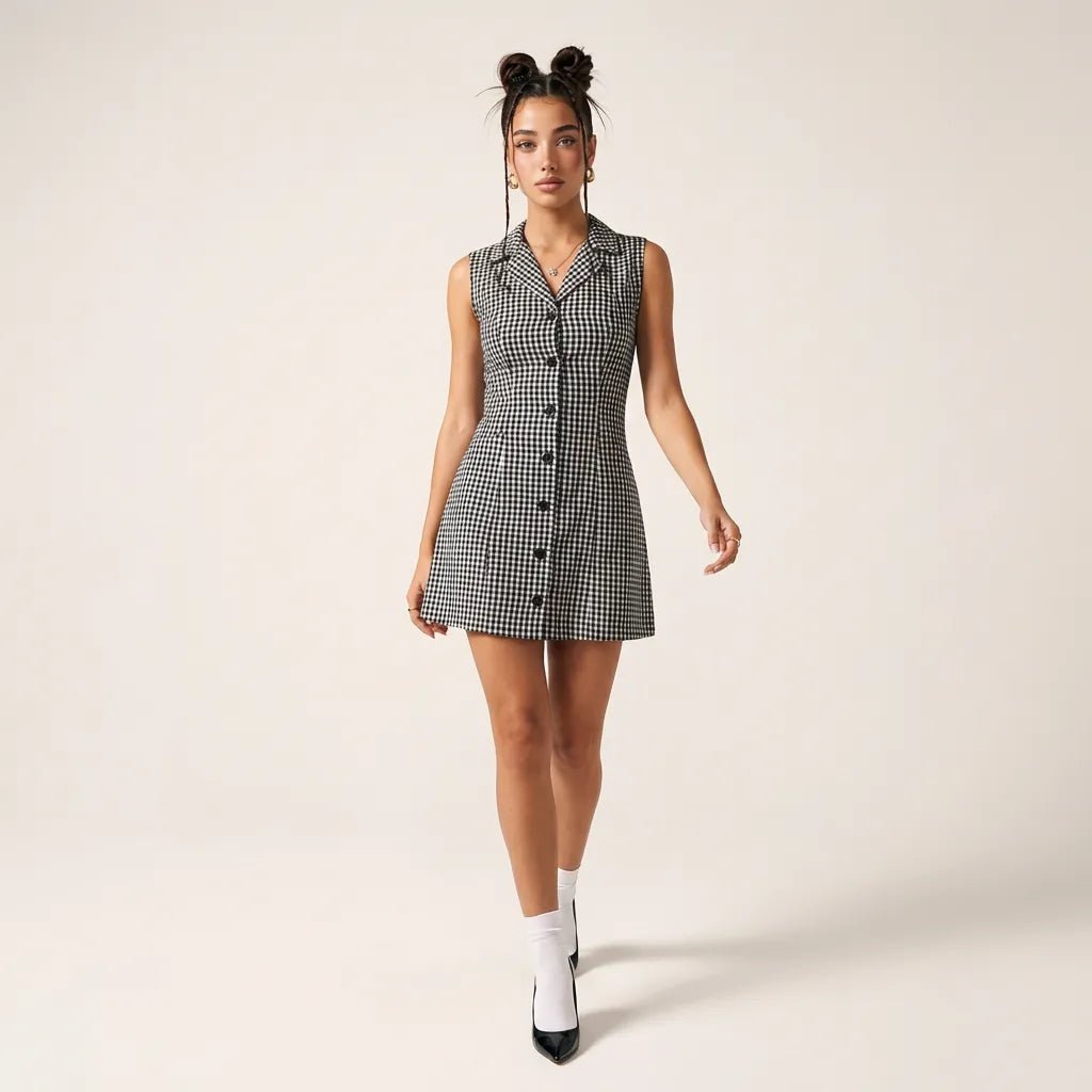 Sleeveless Gingham Mini Dress BlackXSM-027-BLACK-XS