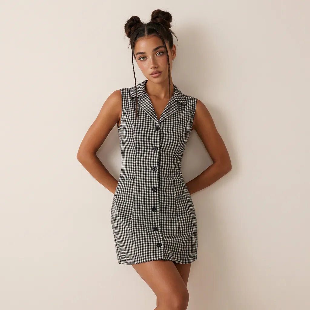 Sleeveless Gingham Mini Dress BlackXSM-027-BLACK-XS
