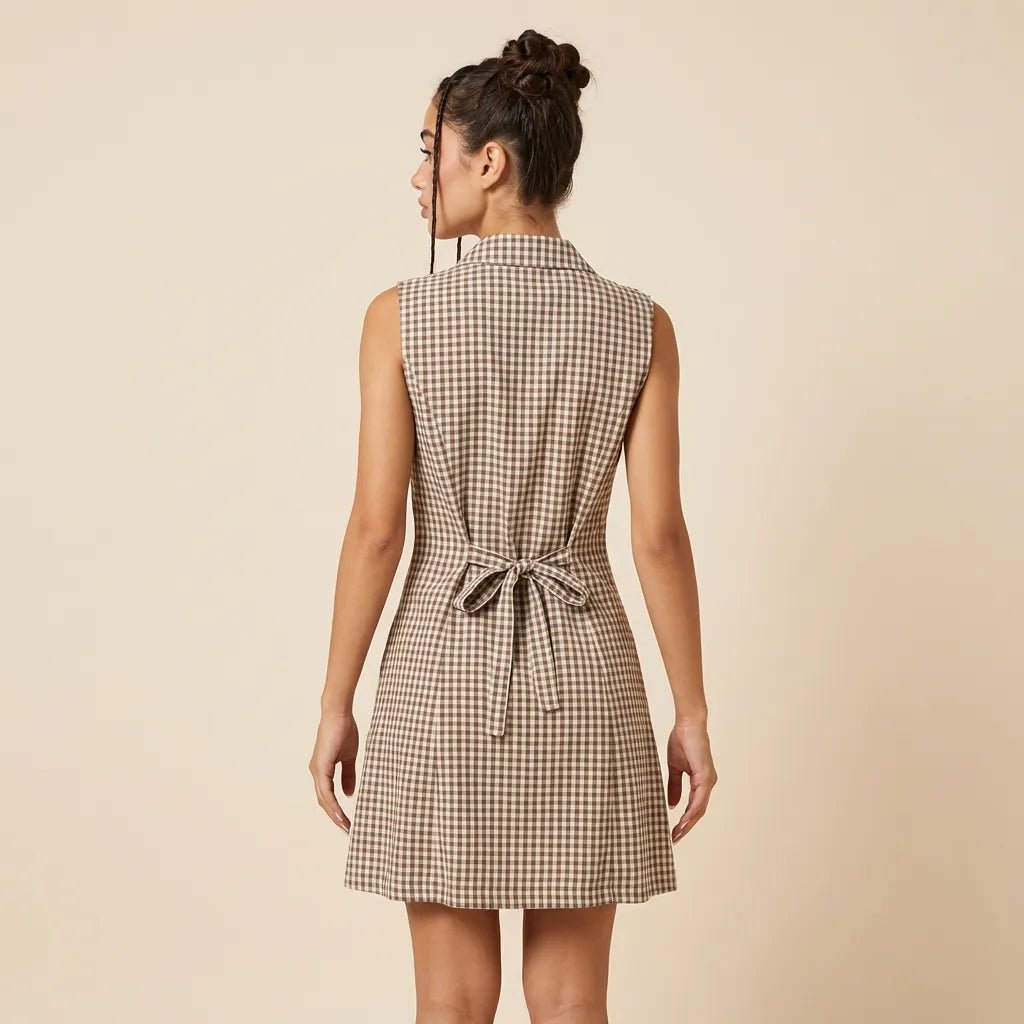 Sleeveless Gingham Mini Dress BrownXSM-027-BROWN-XS